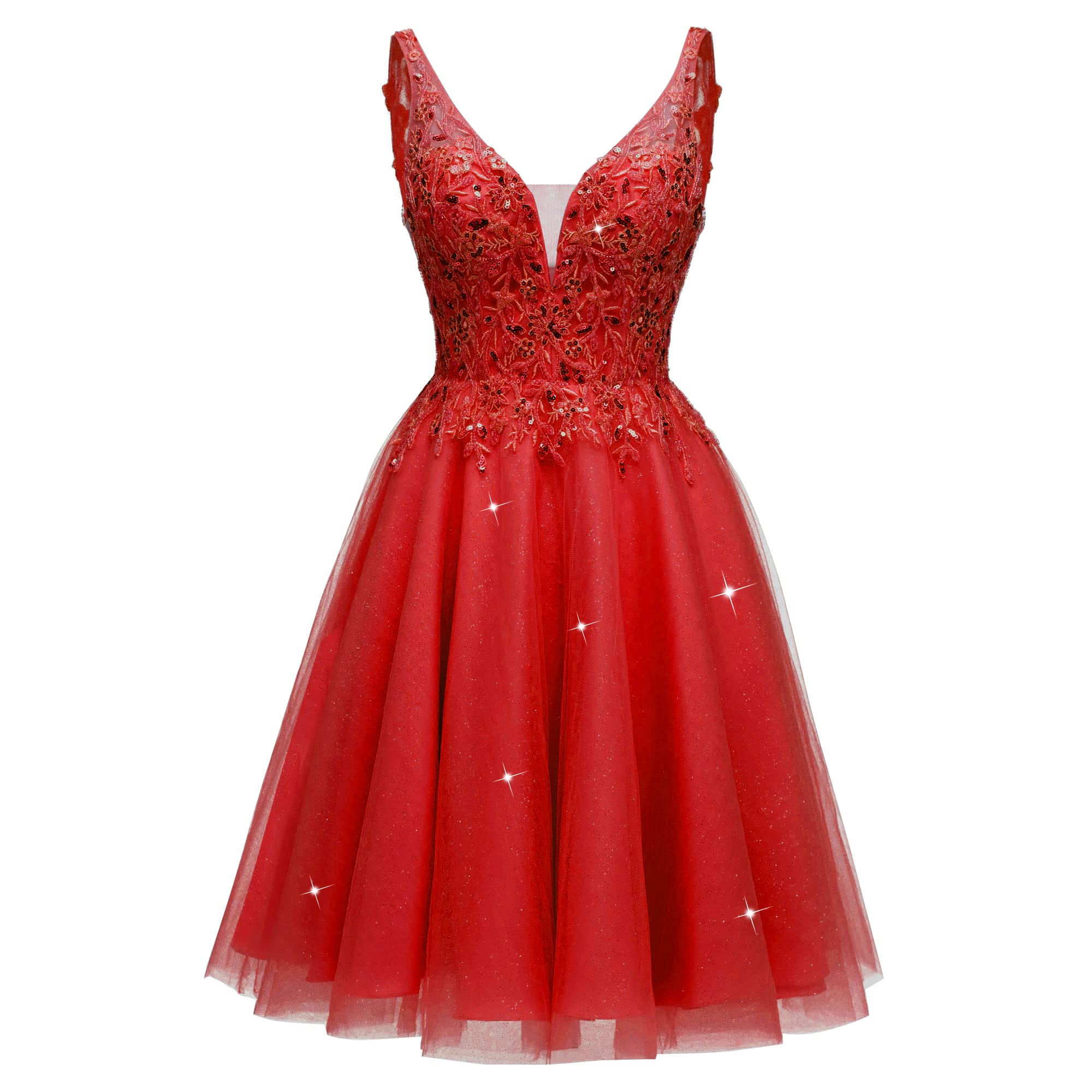 Sparkly Short Prom Dresses for Teens 2023 - V-Neck Sequin Lace Tulle Cocktail Dress for Homecoming, Party & Special Occasions