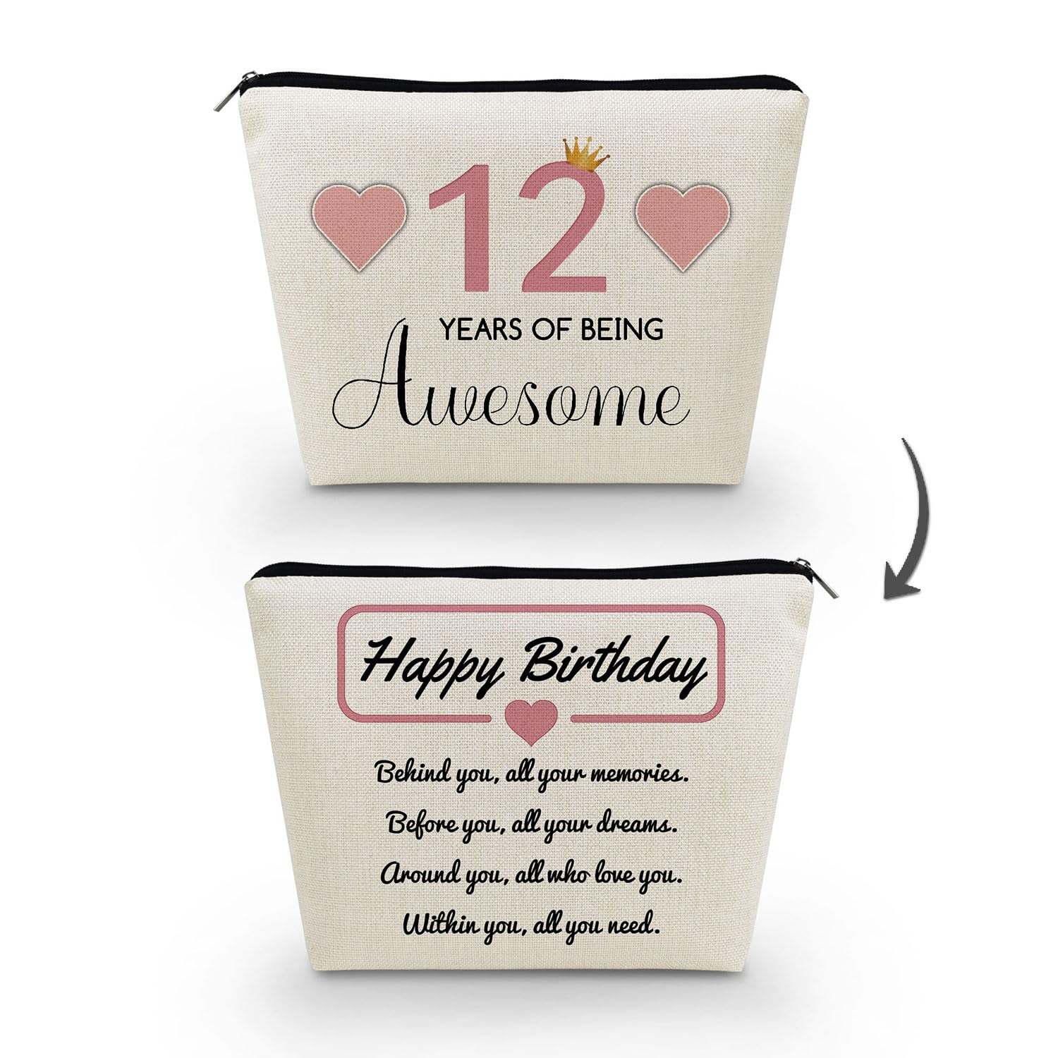 12th Birthday Makeup Bag for Girls - Cute Small Cosmetic Pouch for Women, Travel Toiletry Bag with Zipper - Perfect 12-Year-Old Girl Gift (Pink) | Great for Birthday Presents, School Supplies & Travel Essentials