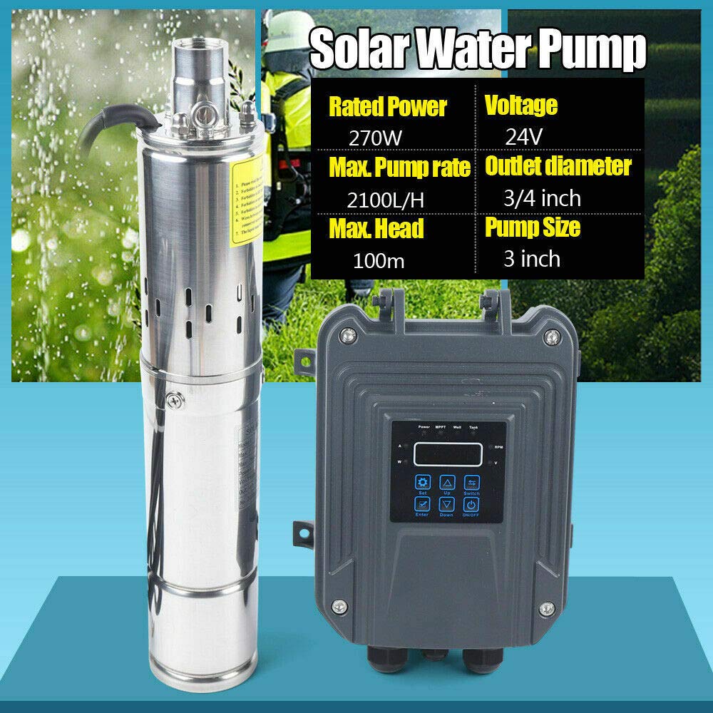 24V 270W DC Solar Water Pump Submersible Well Pump Stainless Steel with MPPT Controller - 2100L/H Max Flow for Home, Farm & Industrial Use | Irrigation, Livestock Watering & Off-Grid Water Supply