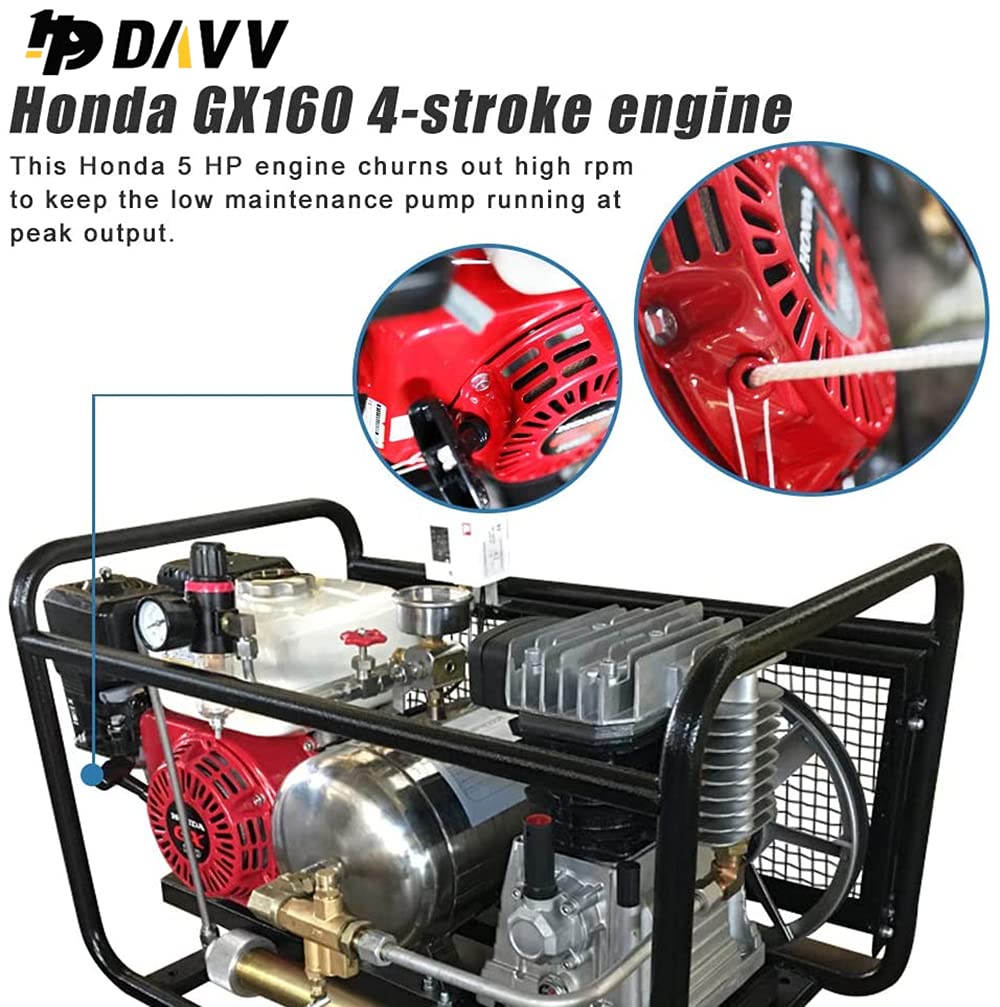 Gasoline-Powered 5HP Air Compressor 250L/Min 3.5Kw 115psi with 50ft Hose & Dual Regulators - Ideal for Hookah Diving, Industrial Use, and Surface Air Supply Operations