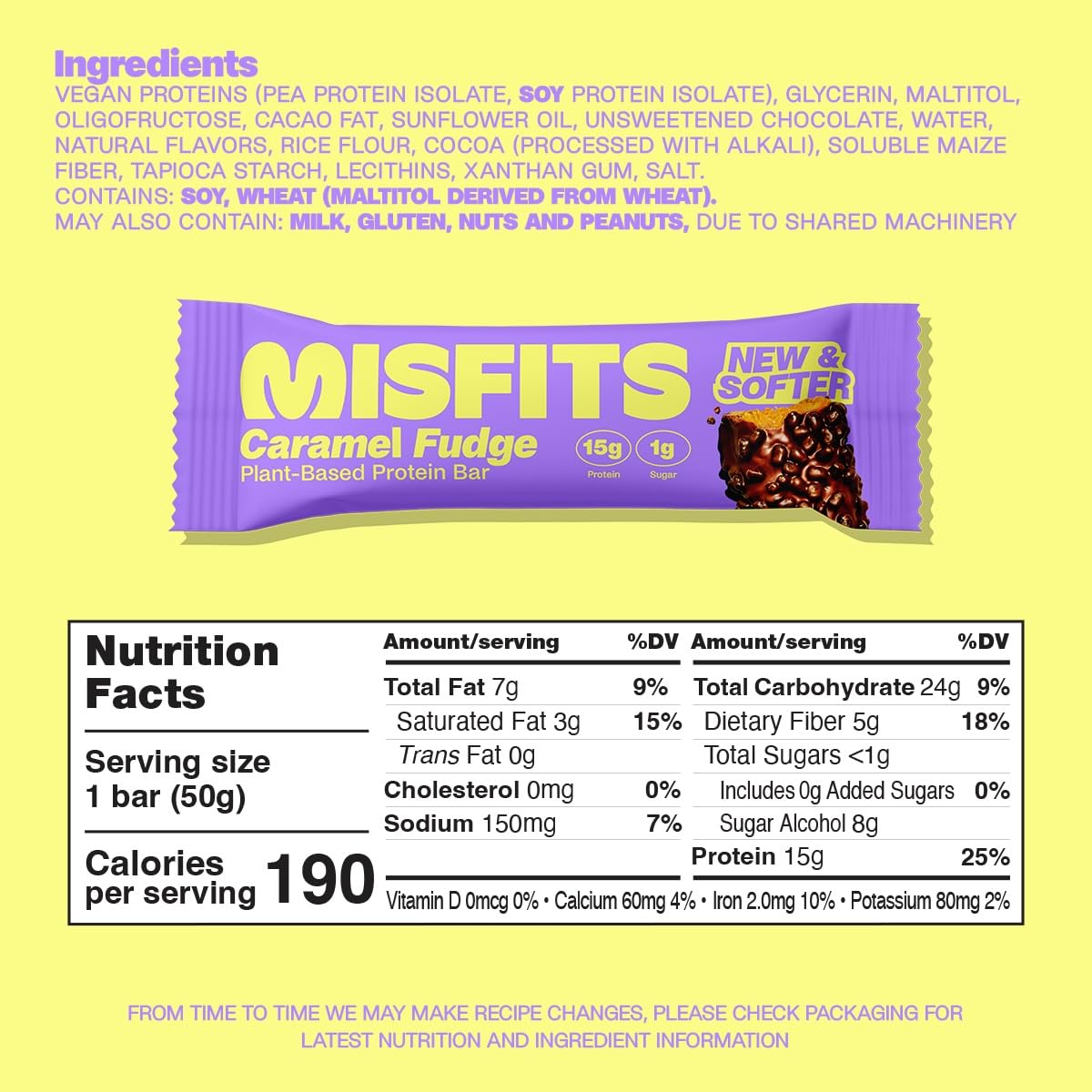 Misfits Vegan Protein Bars - Caramel Fudge Flavor | Plant-Based, Low Sugar & Low Carb, High Fiber Healthy Snacks | Pack of 15 | Perfect for Post-Workout Recovery, Keto Diet & On-the-Go Nutrition