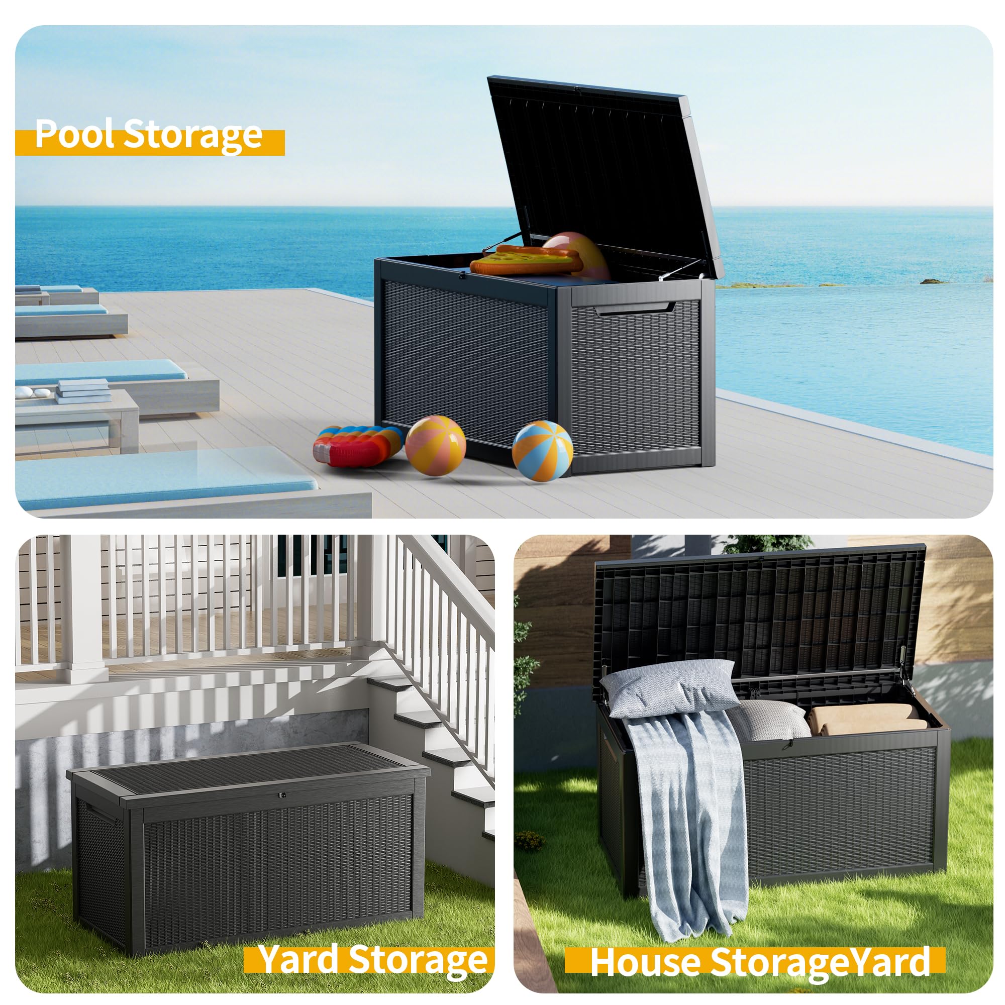 260 Gallon Lockable Resin Deck Box - Waterproof & UV-Resistant Outdoor Storage Container for Patio Cushions, Pool Toys, and Garden Tools | Durable Black Deck Box for Backyard, Poolside & Porch Organization