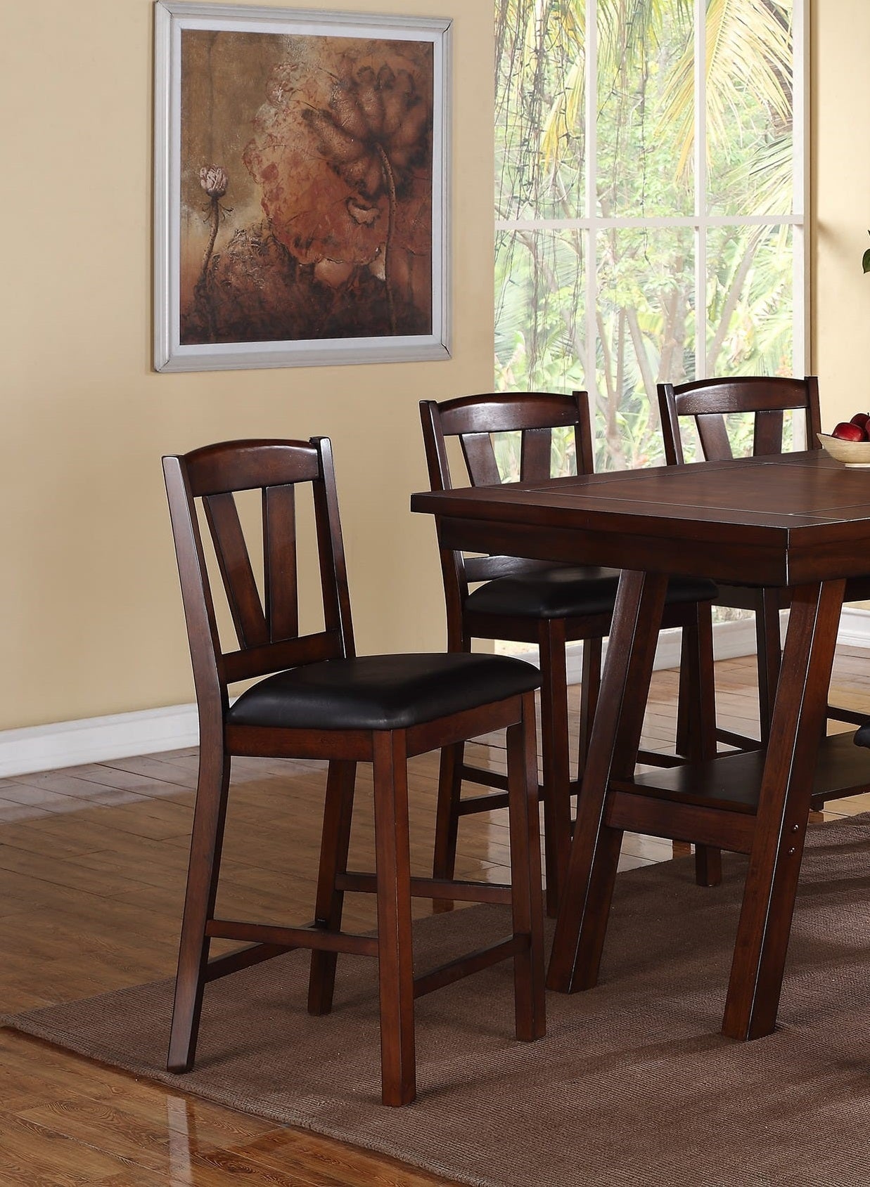 Dark Walnut Wood Framed Counter Height Dining Chairs Set of 2 - Cushioned Breakfast Nook & Kitchen Island Stools for Modern Farmhouse Decor