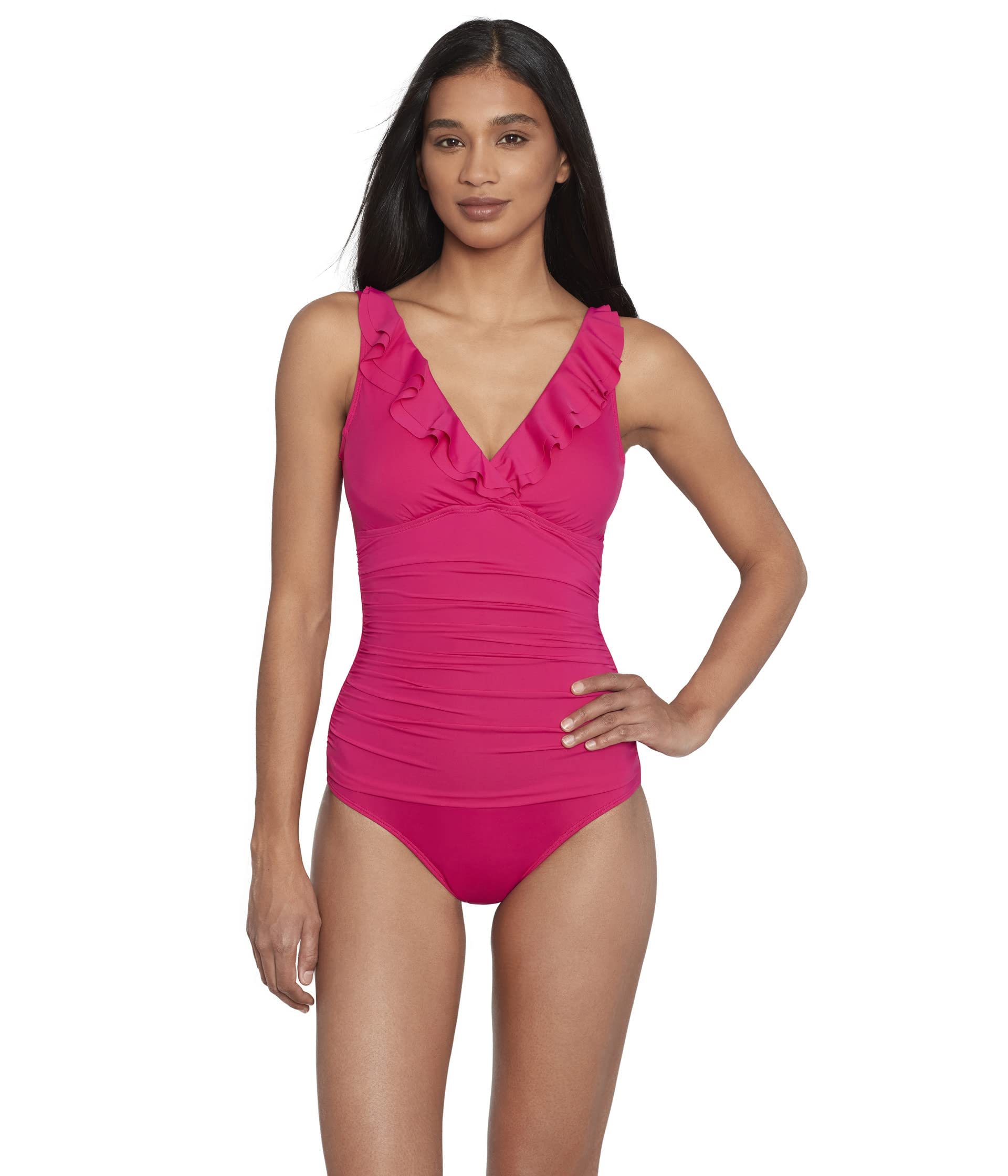 Lauren Ralph Lauren Women's Solid Ruffle Surplice One-Piece Swimsuit - Flattering Beach & Pool Cover Up for Summer Vacations