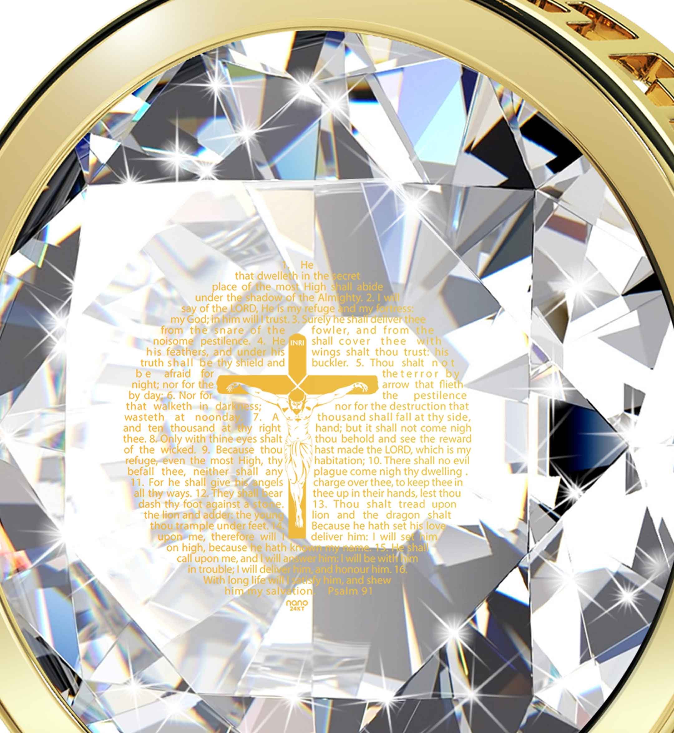 24K Gold Plated Christian Crucifix Necklace with Psalm 91 Engraved on Cubic Zirconia Pendant - 18
