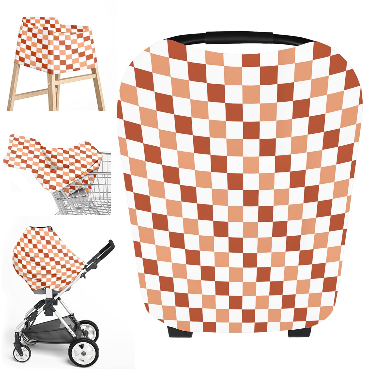 Premium Soft & Stretchy Universal Car Seat Cover for Babies & Toddlers - Breathable Car Seat Canopy, Nursing Cover, High Chair & Shopping Cart Protector (Caramel Checkered) - Perfect for Travel, Nursing & Shopping with Baby