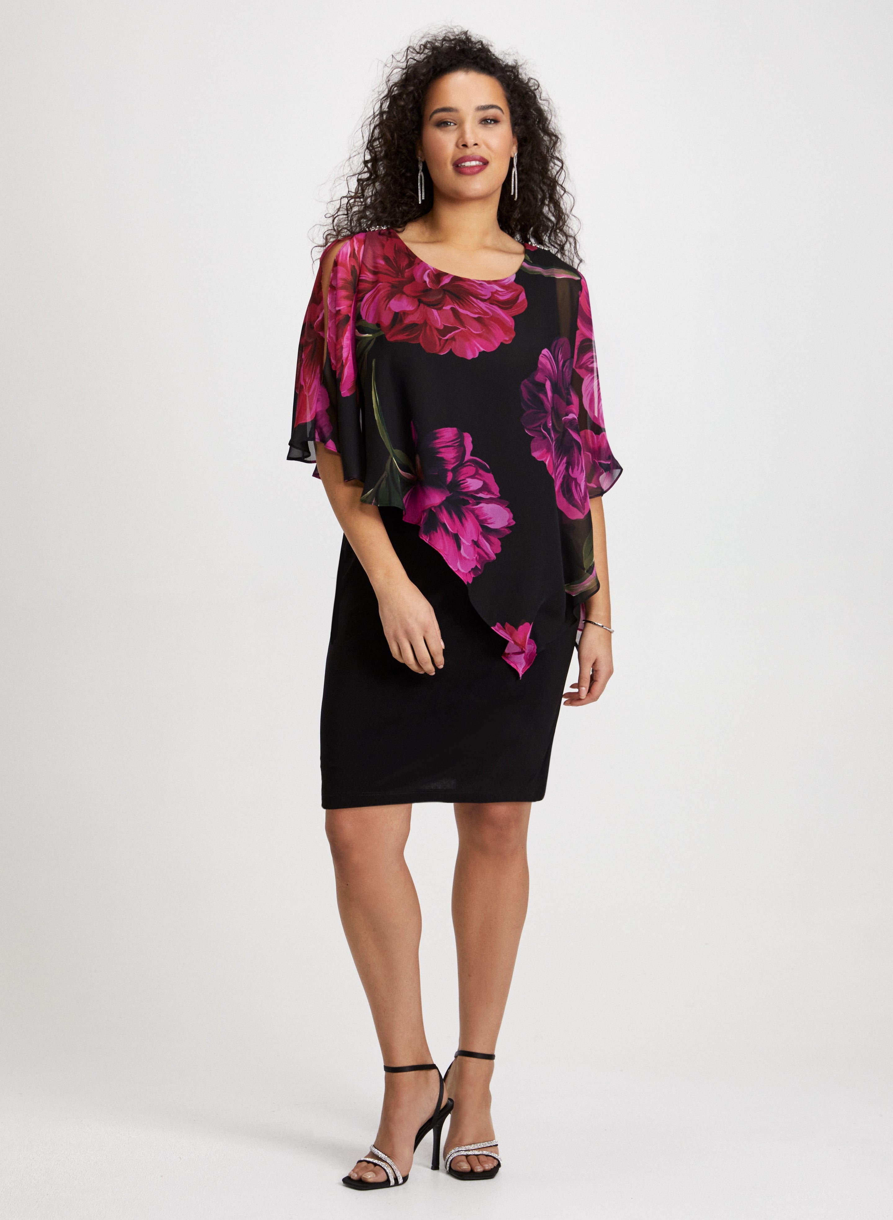 Elegant Floral Print Dress with Crystal Strand Earrings Set - Perfect for Weddings, Parties & Special Occasions