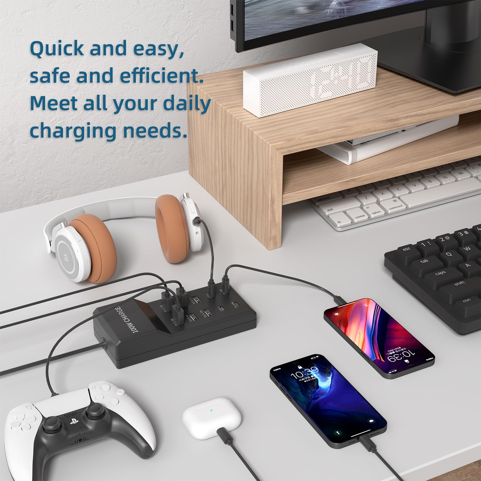 Csevanli 100W 10-Port USB Charging Station - Fast Charger Hub for iPhone 15/14 Pro Max, iPad Pro, Samsung Galaxy S21, Nintendo Switch - Multi-Device USB C Power Strip for Home, Office & Travel (Black)