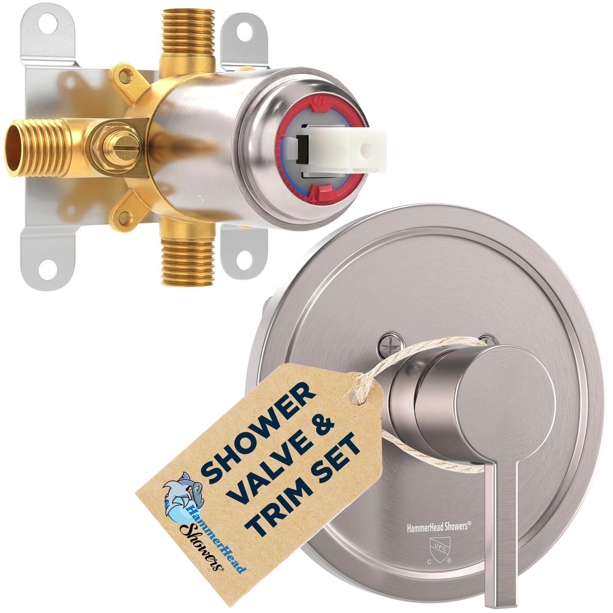 HammerHead Showers® ALL METAL Single-Handle Shower Valve & Trim Kit in Brushed Nickel - Pressure Balance Valve with Temperature & Volume Control - Complete Rough-In Shower System for Bathroom Remodel & New Construction - Perfect for Modern Home Upgrades & Spa-Like Shower Experience