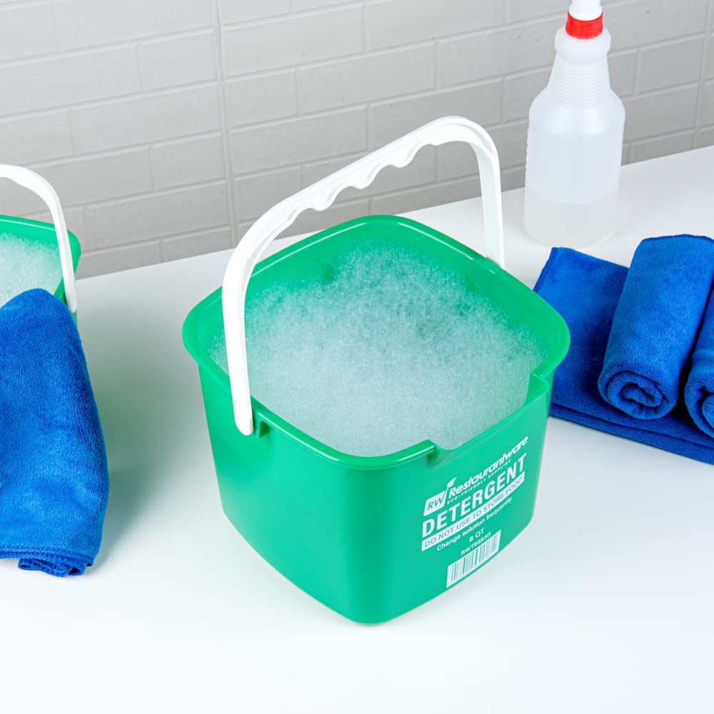 Restaurantware RW Clean 8 Quart Cleaning Buckets - 10 Pack with Measurements, Built-In Spout & Handle - Durable Green Plastic Utility Buckets for Home, Restaurant, or Commercial Cleaning - Perfect for Mopping, Car Washing & Janitorial Use