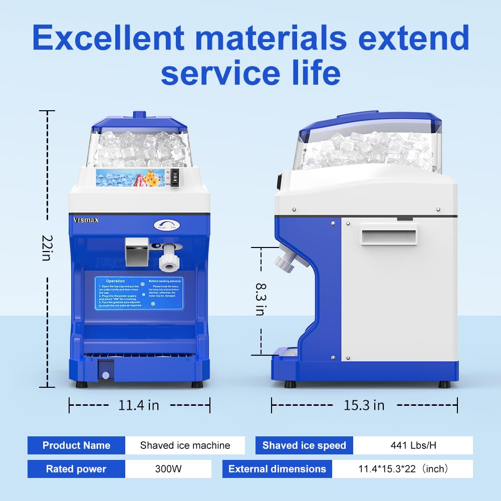 300W Electric Ice Shaver & Snow Cone Maker Machine - Adjustable Thickness, 441Lbs/Hr Commercial Ice Crusher for Bars, Parties, Home Use (Blue) - Perfect for Summer Drinks, Cocktails & Dessert Making
