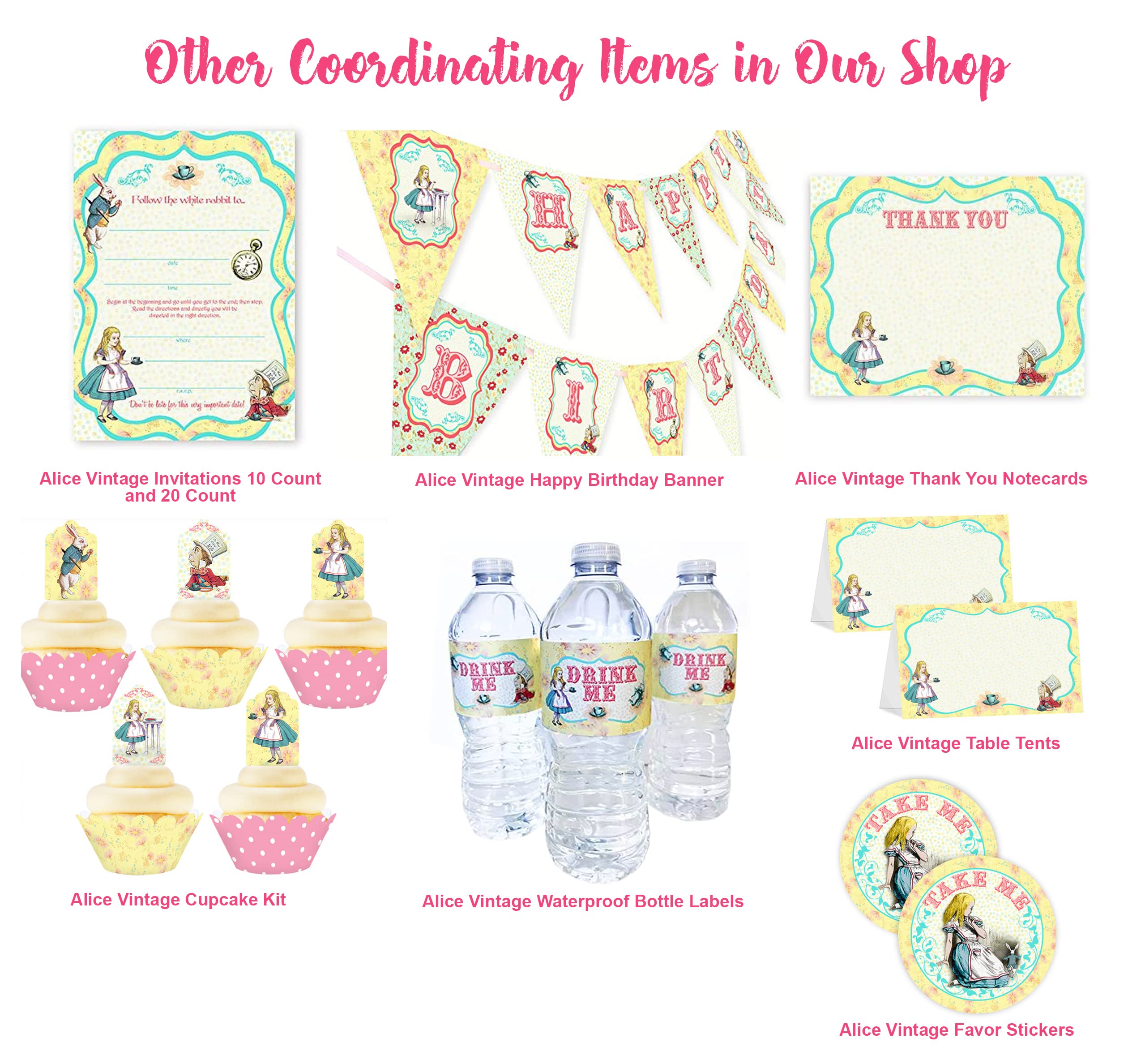 Alice in Wonderland Water Bottle Labels - Pack of 20 Unique Designs - Made in USA - Perfect for Birthday Parties, Baby Showers & Themed Events