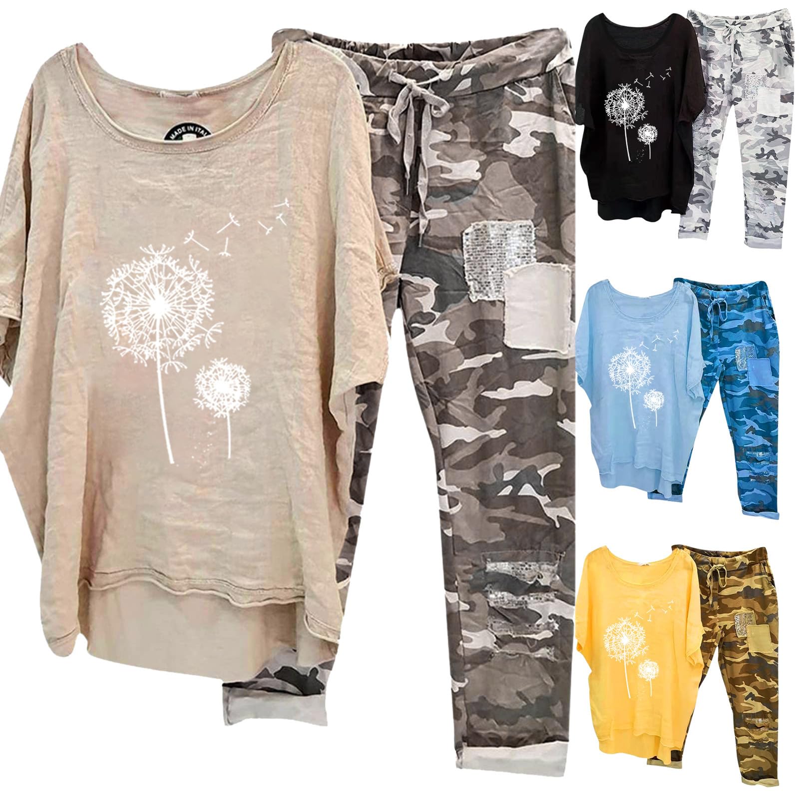 Women's 2-Piece Linen Lounge Set - Breathable Short Sleeve Dandelion Print Shirt & Camouflage Capri Pants for Summer | Casual Outfit for Home, Beach & Vacation