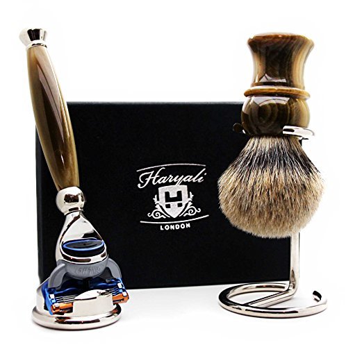 4 Piece Men's Shaving Kit with 5-Blade Razor, Silver Tip Badger Hair Shaving Brush & Stainless Steel Stands - Premium Grooming Set for Men | Perfect for Travel, Home Use & Gift Giving