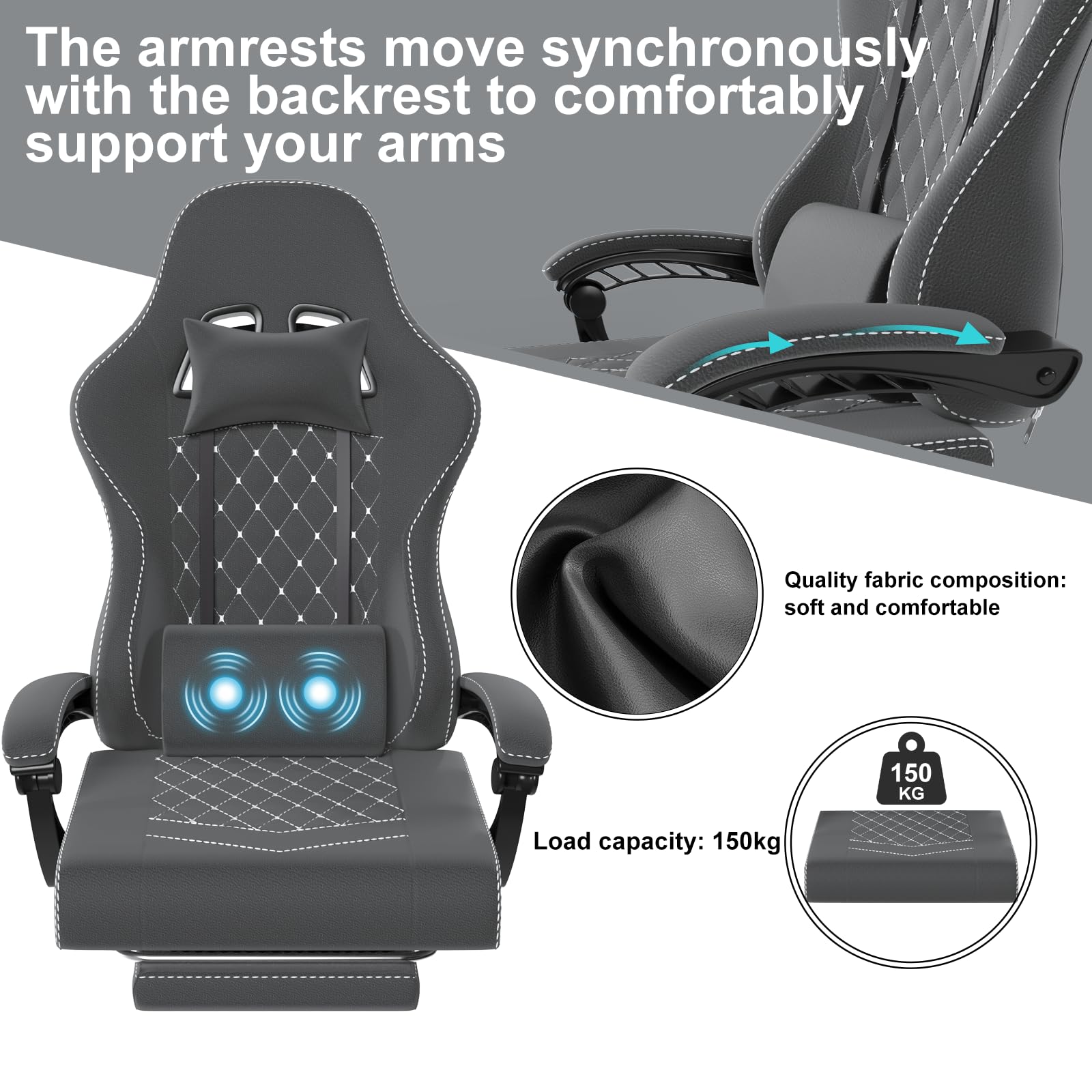 Devoko Ergonomic Gaming Chair with Lumbar Support & Footrest - 360° Swivel, 150kg Weight Capacity, Dark Gray - Perfect for PC Gaming, Office Work & Home Use