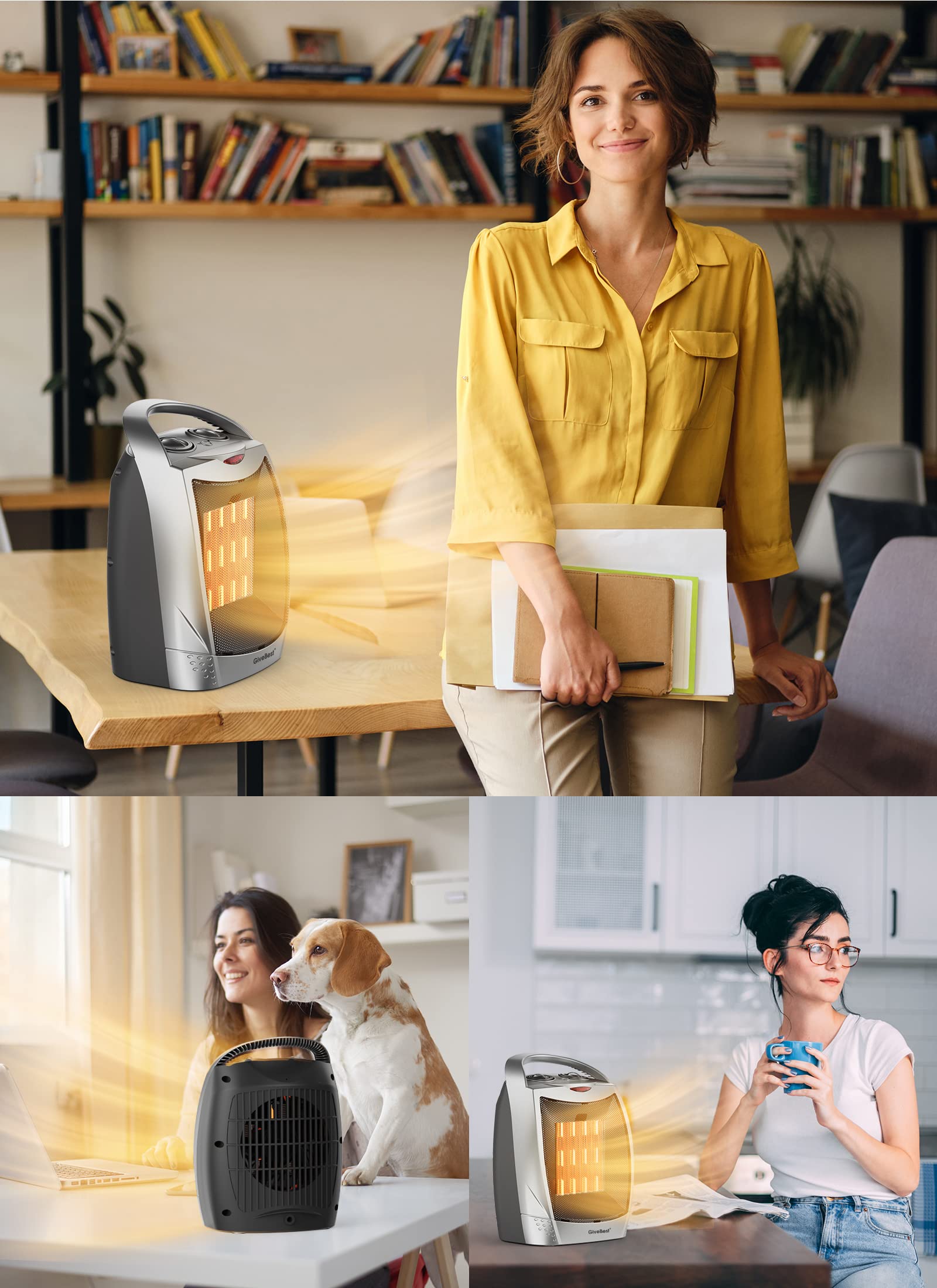 GiveBest 1500W/750W Portable Electric Space Heater with Adjustable Thermostat - Quiet Ceramic Heater Fan for Office, Bedroom & Indoor Use - Fast Heating up to 200 sq ft - Silver (Perfect for Home, Office Desk & Small Spaces)
