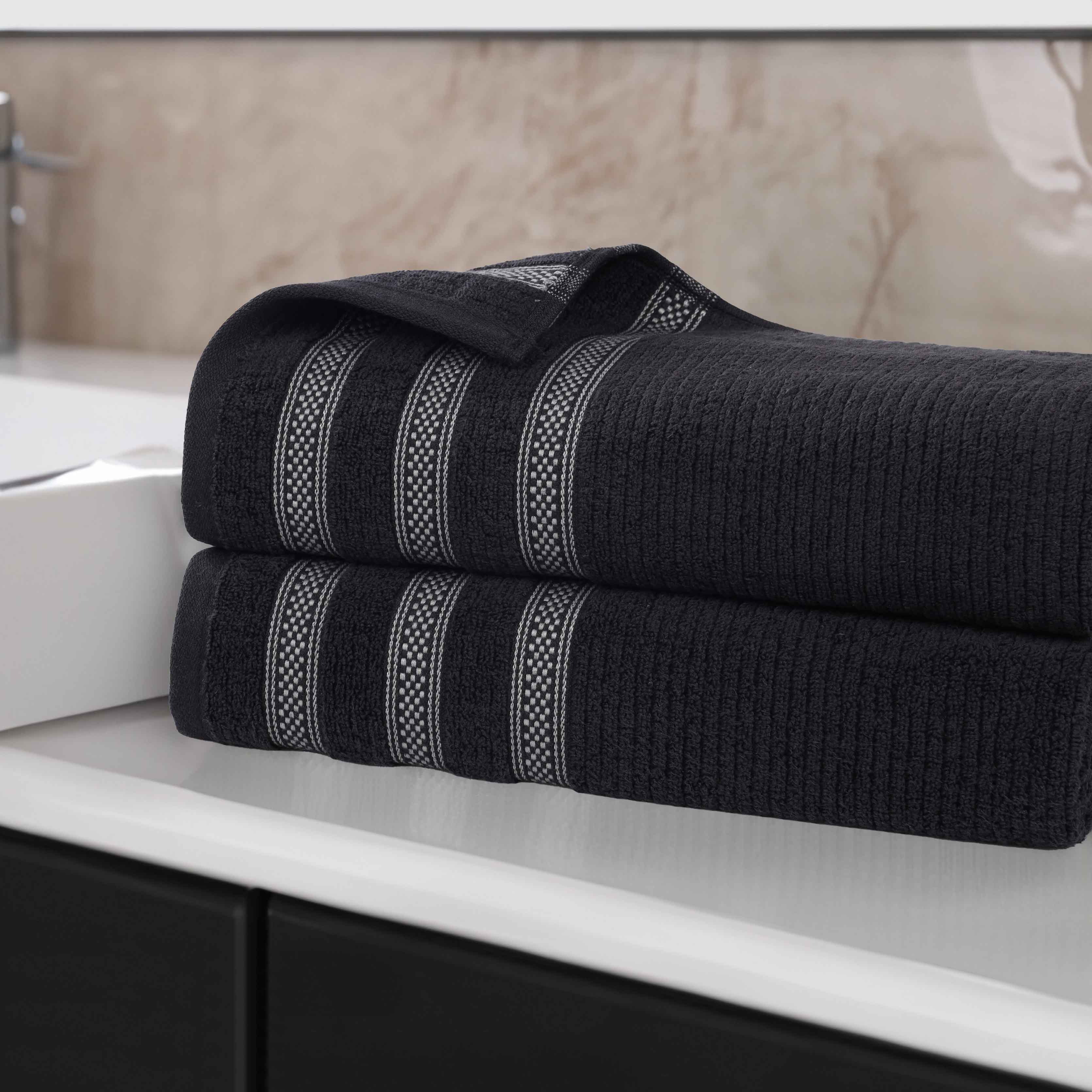 Premium Zero Twist Cotton Ribbed Geometric Border Plush Bath Sheet Set of 2 - Ultra Soft & Absorbent Luxury Towels for Spa, Bathroom & Beach Use