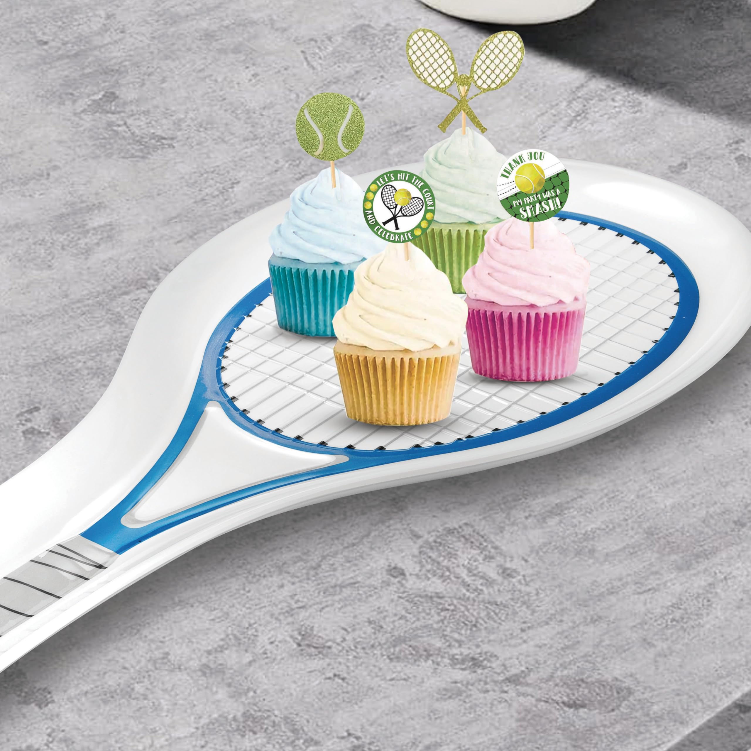 UPware Tennis Racquet Melamine Serving Platter - Sports Themed Party Tray for Snacks, Appetizers & Desserts - Blue Tennis Design - 21 x 9.5 Inch - Perfect for Tennis Parties, Game Day Snacks & Sports-Themed Events