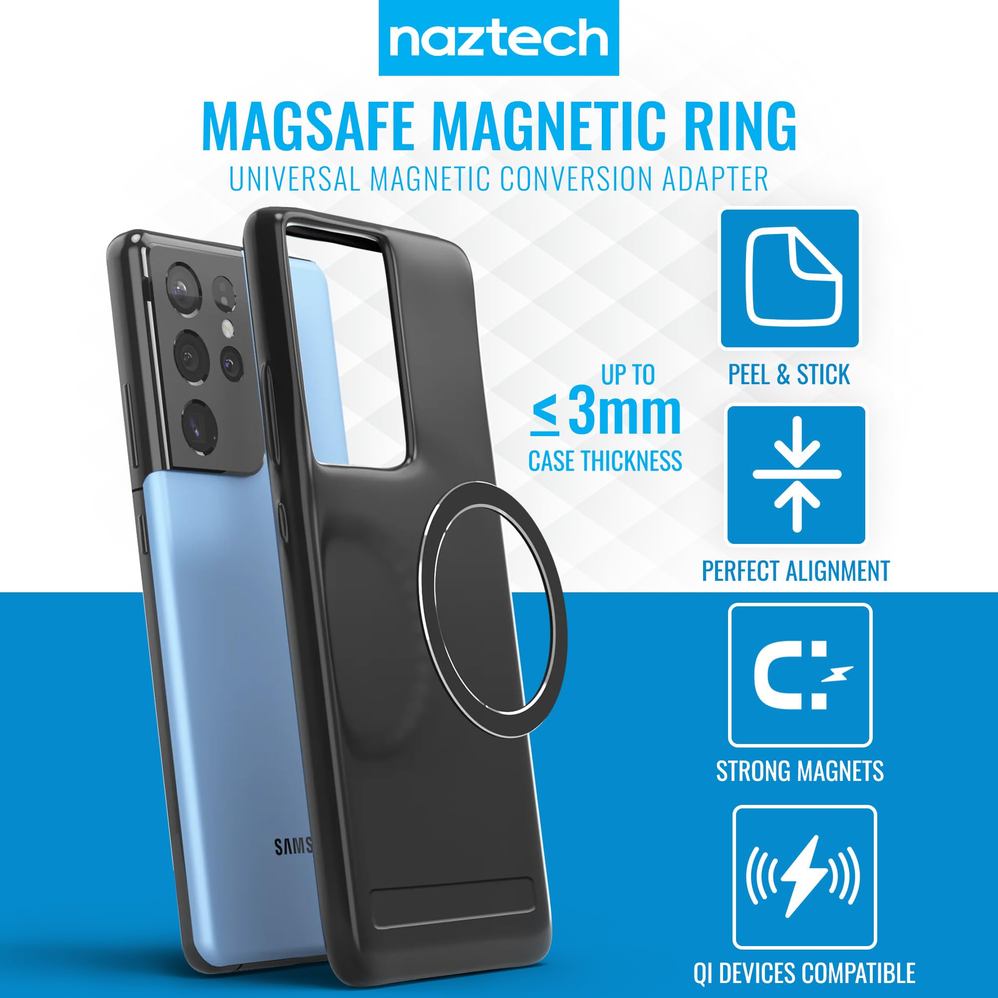Naztech MagUp MagSafe Magnetic Ring Adapter - Universal Strong Grip for iPhone 16/15/14/13, Galaxy S24/S23 & Android Qi-Enabled Cases (2 Pack) - Perfect for Car Mounts, Wireless Charging & Secure Phone Attachment