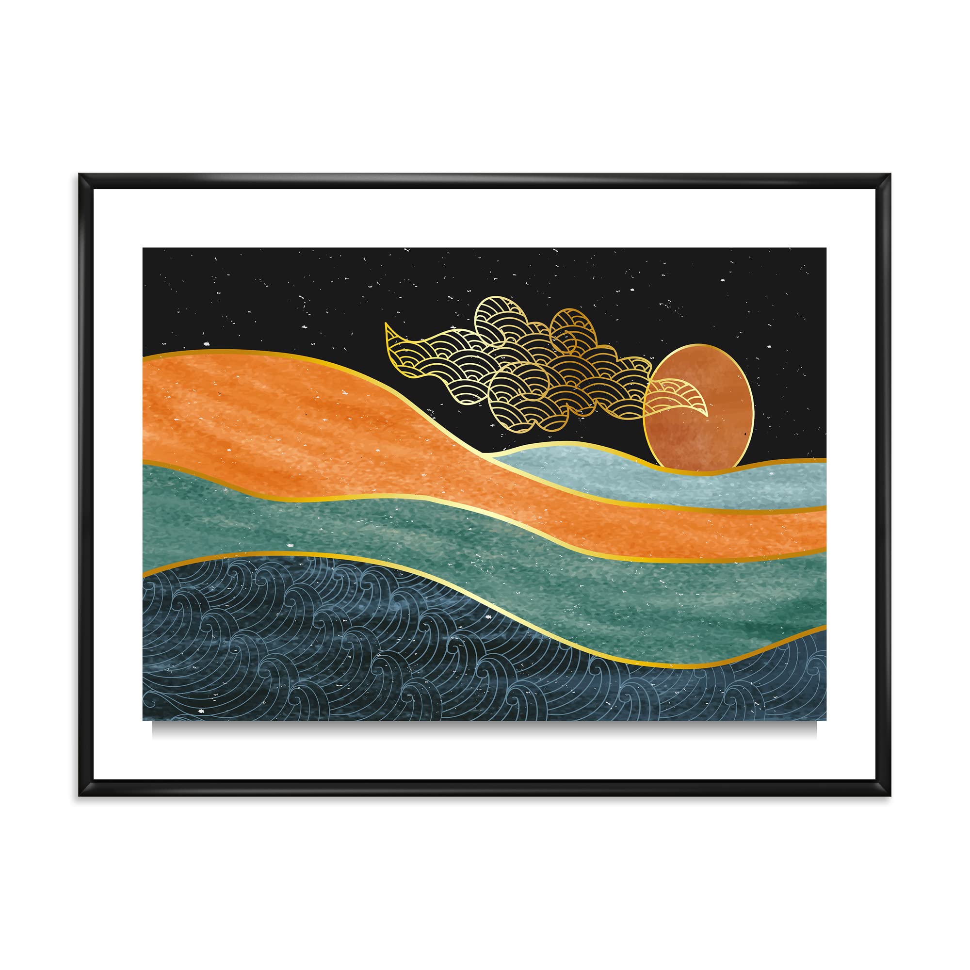 DesignQ Abstract Nature Sea Sky Sun Mountain Landscape - Modern Framed Canvas Wall Art Print for Living Room, Bedroom & Office Decor | Nature Inspired Home Wall Decor