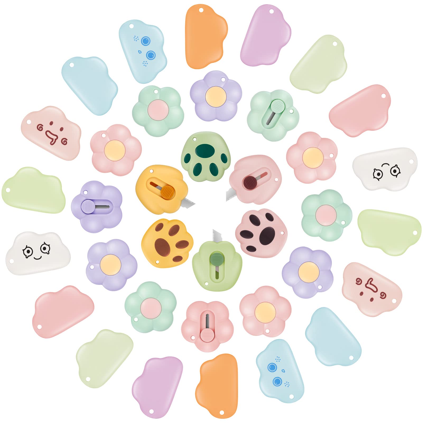 36-Pack Mini Retractable Box Cutters - Bear Claw & Flower Cloud Shaped Utility Knives | Plastic Letter Openers for Envelopes, DIY Crafts, Office & Home Use | Portable, Slide-Open Design in Multi-Colors