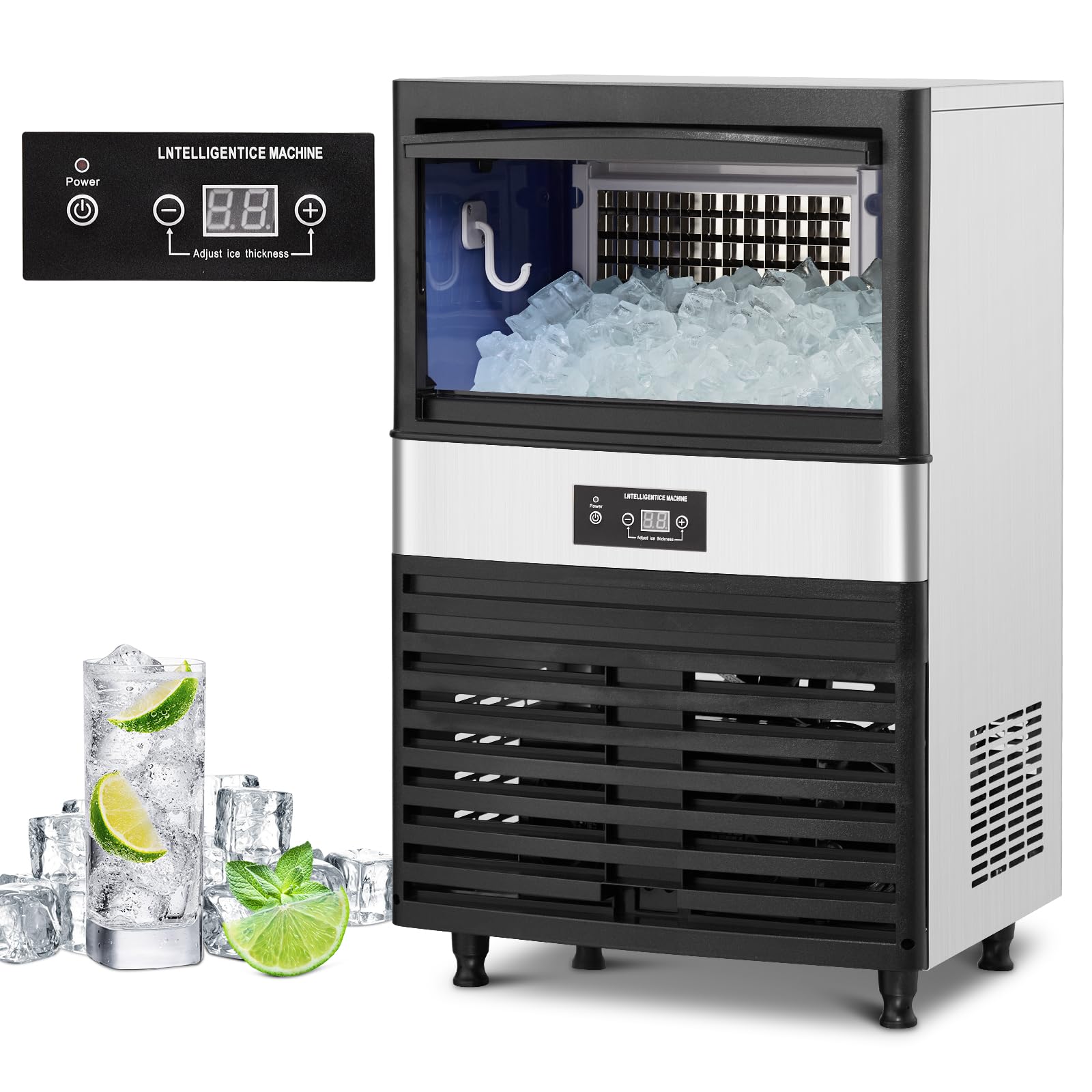 Commercial Ice Maker 110LBS/24H, Under Counter Ice Machine with 30LBS Storage Bin - 40 Cubes per Cycle, Self-Cleaning, Freestanding Ice Maker for Home, Bar, Coffee Shop, Restaurant & Office Use - Perfect for Cocktails, Beverages & Food Display