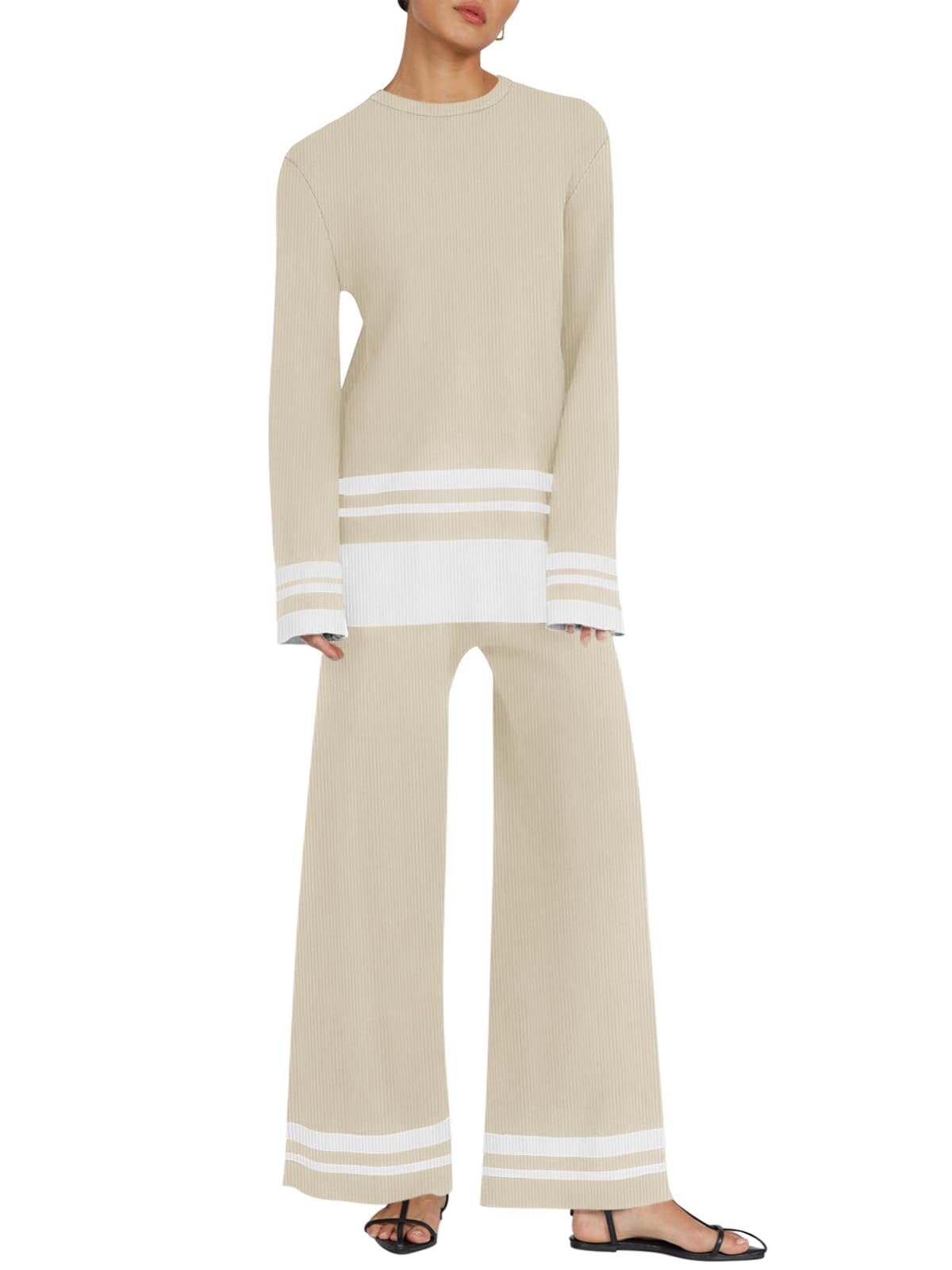 Yousify Women's 2-Piece Oversized Striped Sweater Set - Knit Lounge Matching Tracksuit Outfit 2024 | Cozy Winter Loungewear, Casual Streetwear & Home Comfort