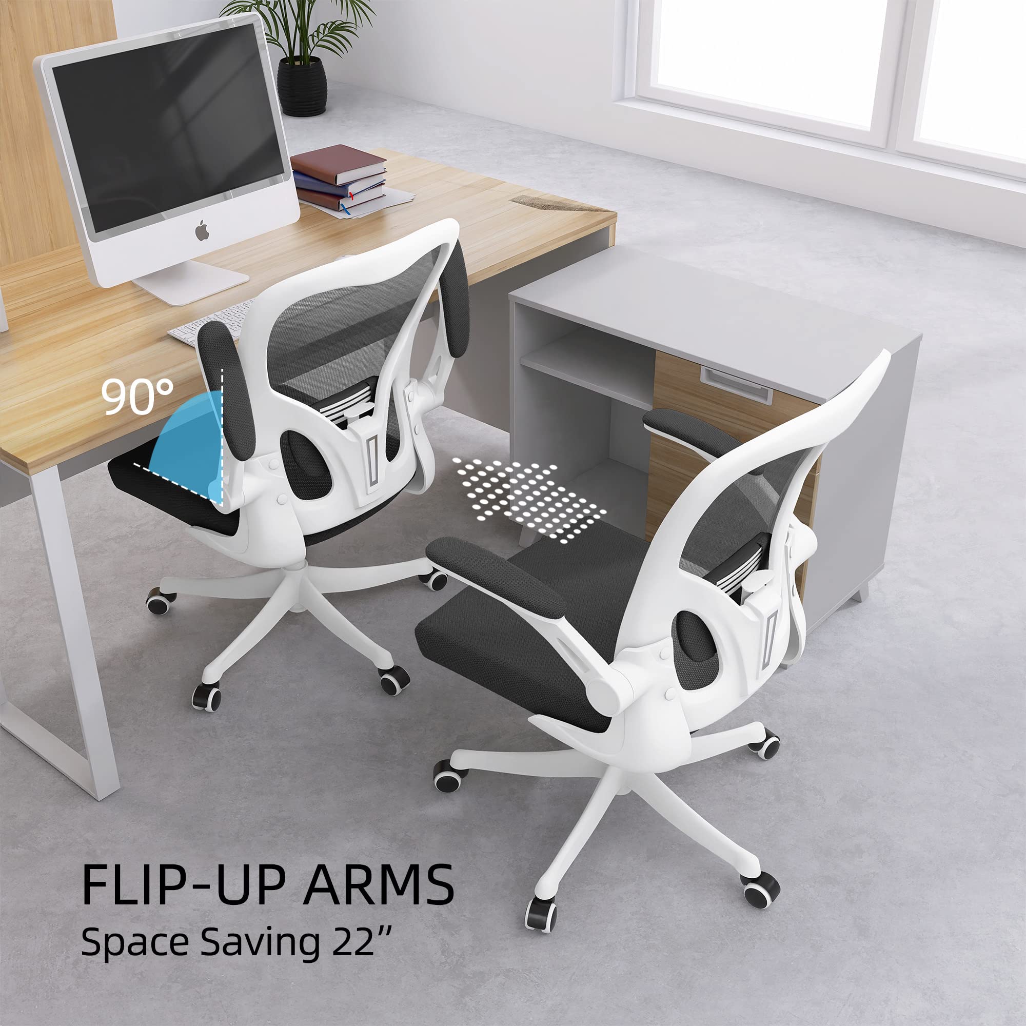 Monhey Ergonomic Office Chair with Lumbar Support - High Back Mesh Computer Desk Chair with Flip-Up Arms, Swivel & Rocking Function - White Frame & Black Mesh - Perfect for Home Office, Study & Workspace