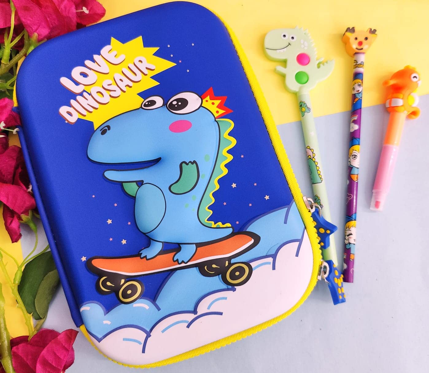 Dinosaur Pencil Box Set - 4-Piece Kids Stationery Combo with Hardtop Pen, Pencil, Eraser & Highlighter for Boys & Girls | Perfect for School, Homework & Return Gifts