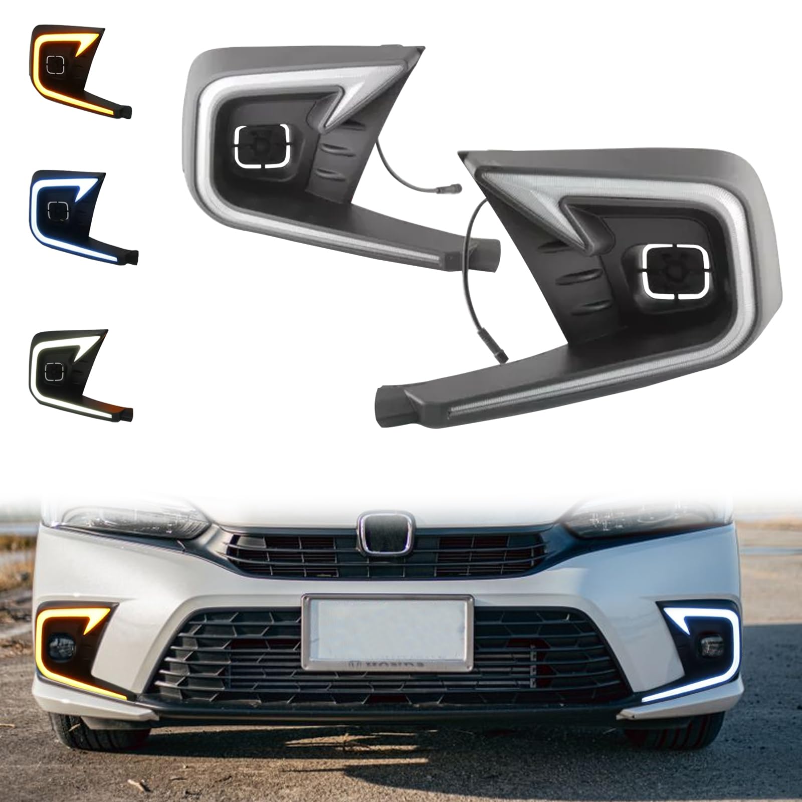 High-Performance LED Fog Lights & DRL Kit - White Daytime Running Lights, Amber Turn Signals, Blue Low Beam - Perfect Fit for 2021-2024 Honda Civic 11th Gen - Enhance Visibility for Night Driving & Bad Weather Conditions
