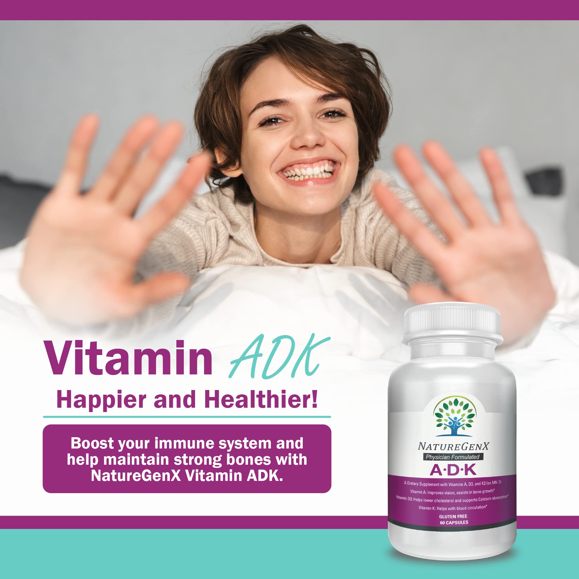 Premium ADK Vitamin Supplement for Bone Health - High Potency Vitamins A, D3 & K2 Complex | Gluten-Free, Non-GMO | 60 Capsules (2 Pack) | Supports Strong Bones, Joints & Immune System | Ideal for Adults, Seniors & Active Lifestyles