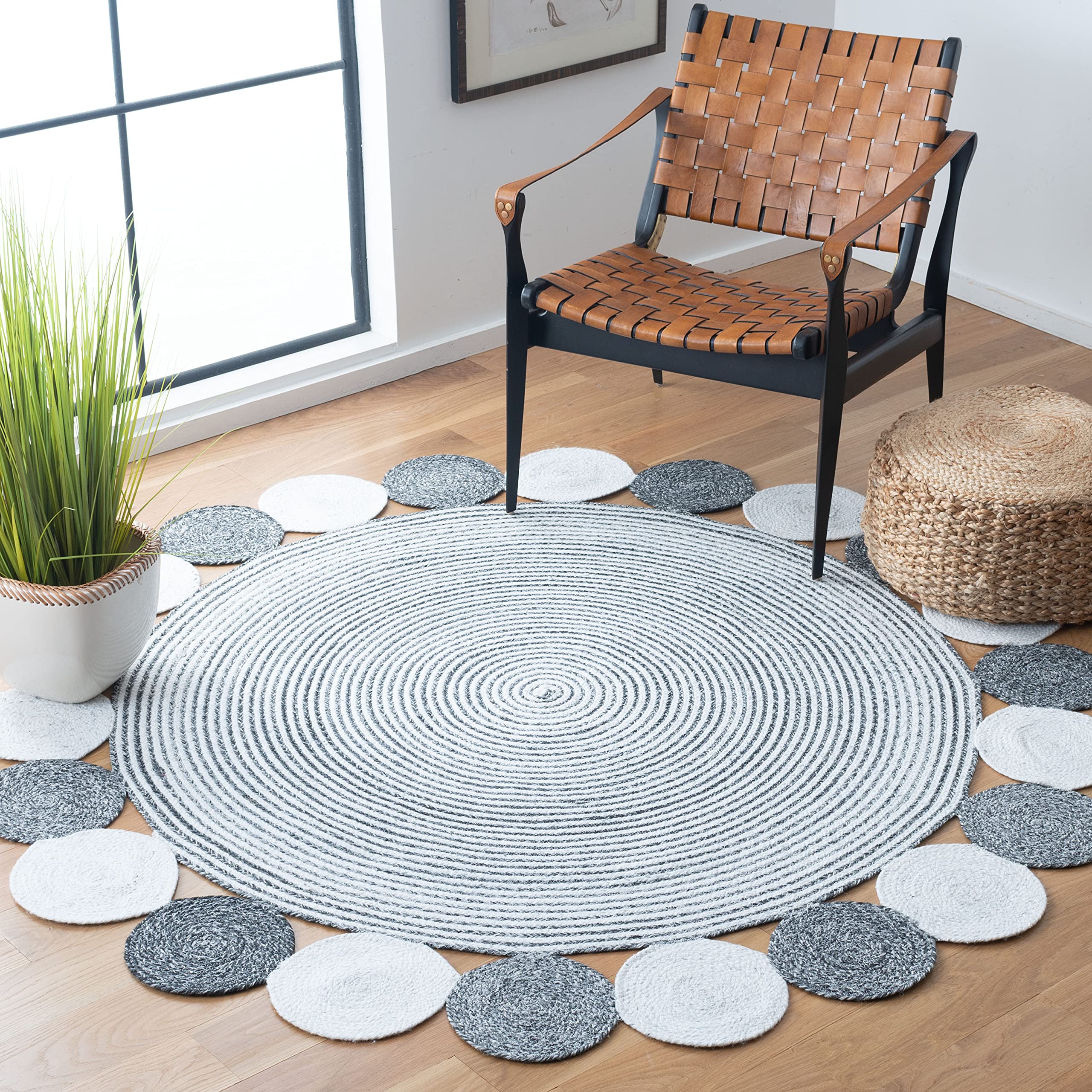 SAFAVIEH Cape Cod Collection 6-Foot Round Charcoal & Ivory Braided Jute Area Rug - Handmade Natural Fiber Rug for Living Room, Bedroom, or Dining Room Decor
