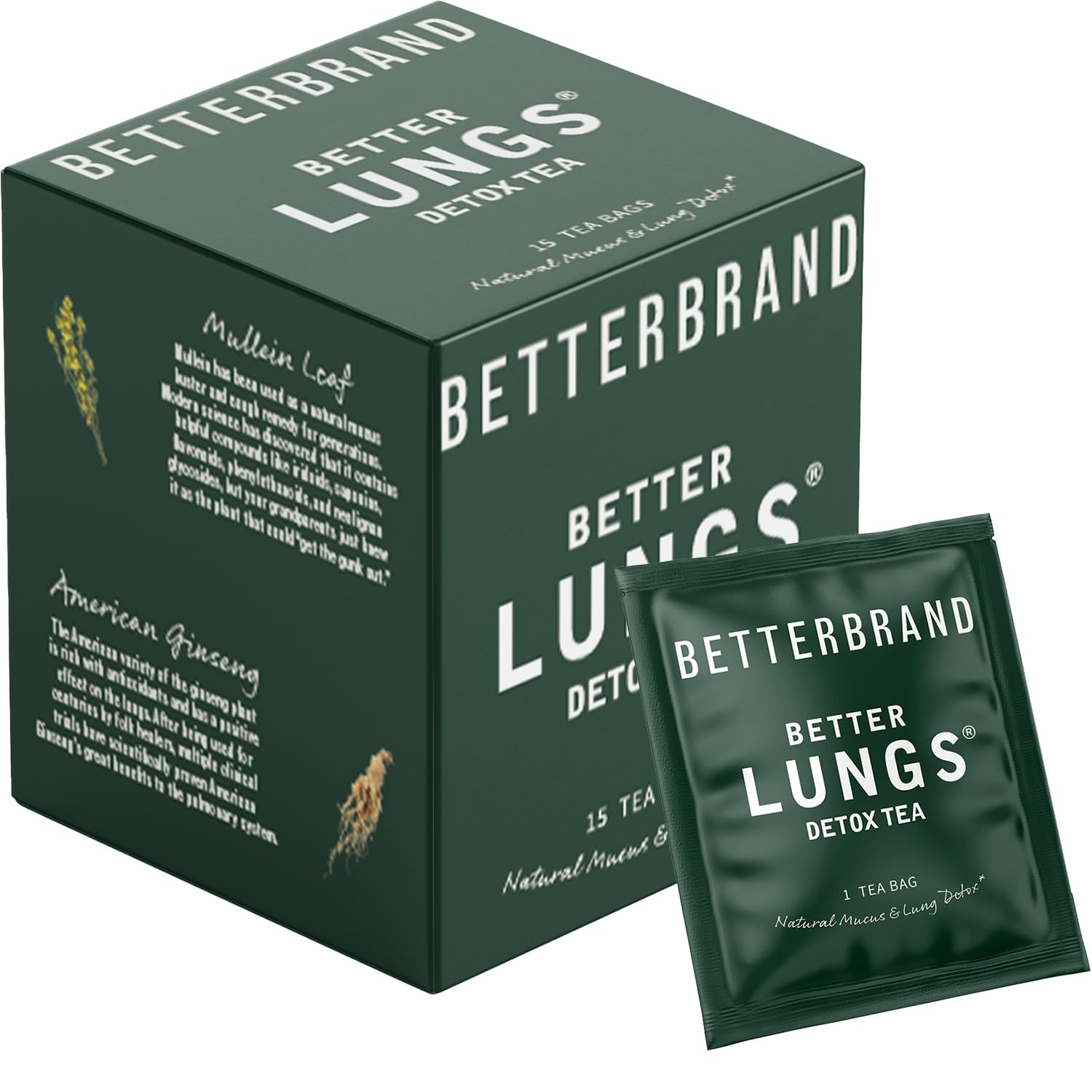Betterbrand BetterLungs Detox Tea - Organic Herbal Tea for Respiratory Support & Lung Cleansing | Mullein Leaf Blend for Healthy Breathing & Wellness | Caffeine-Free, Non-GMO | 15 Tea Bags | Perfect for Allergy Season, Smokers & Urban Living