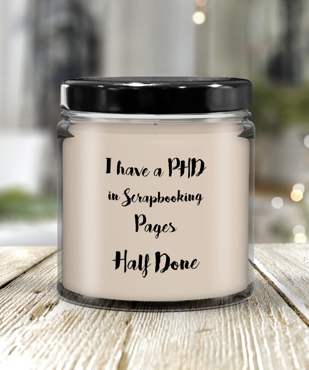 PhD in Scrapbooking Scented Candle Gift - 9oz Vanilla Jar Candle with Lid for Men & Women - Perfect for Relaxation, Crafting & Home Decor