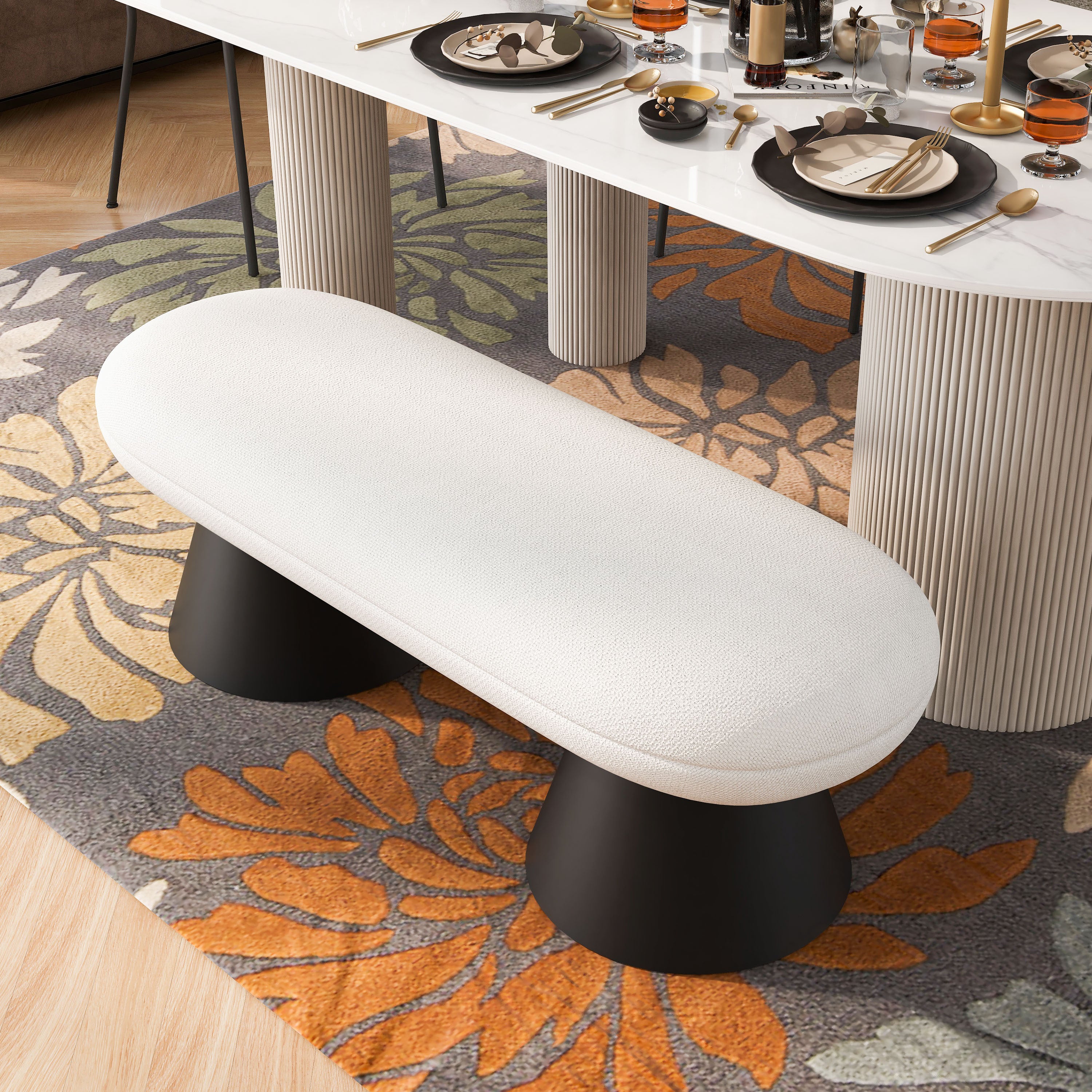 Upholstered Dining Bench with Black Iron Legs - 300 LBS Weight Capacity, Beige Fabric Ottoman for Bedroom, Living Room & Entryway - Perfect for Dining Areas, Footrests & Extra Seating