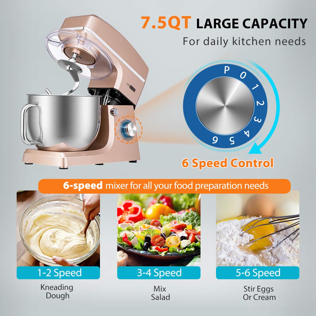 VIVOHOME 7.5 Quart Stand Mixer 660W - 6-Speed Tilt-Head Electric Kitchen Mixer with Beater, Dough Hook, Wire Whip & Egg Separator - Champagne Color - Perfect for Baking Cakes, Cookies, Bread & Pastries at Home