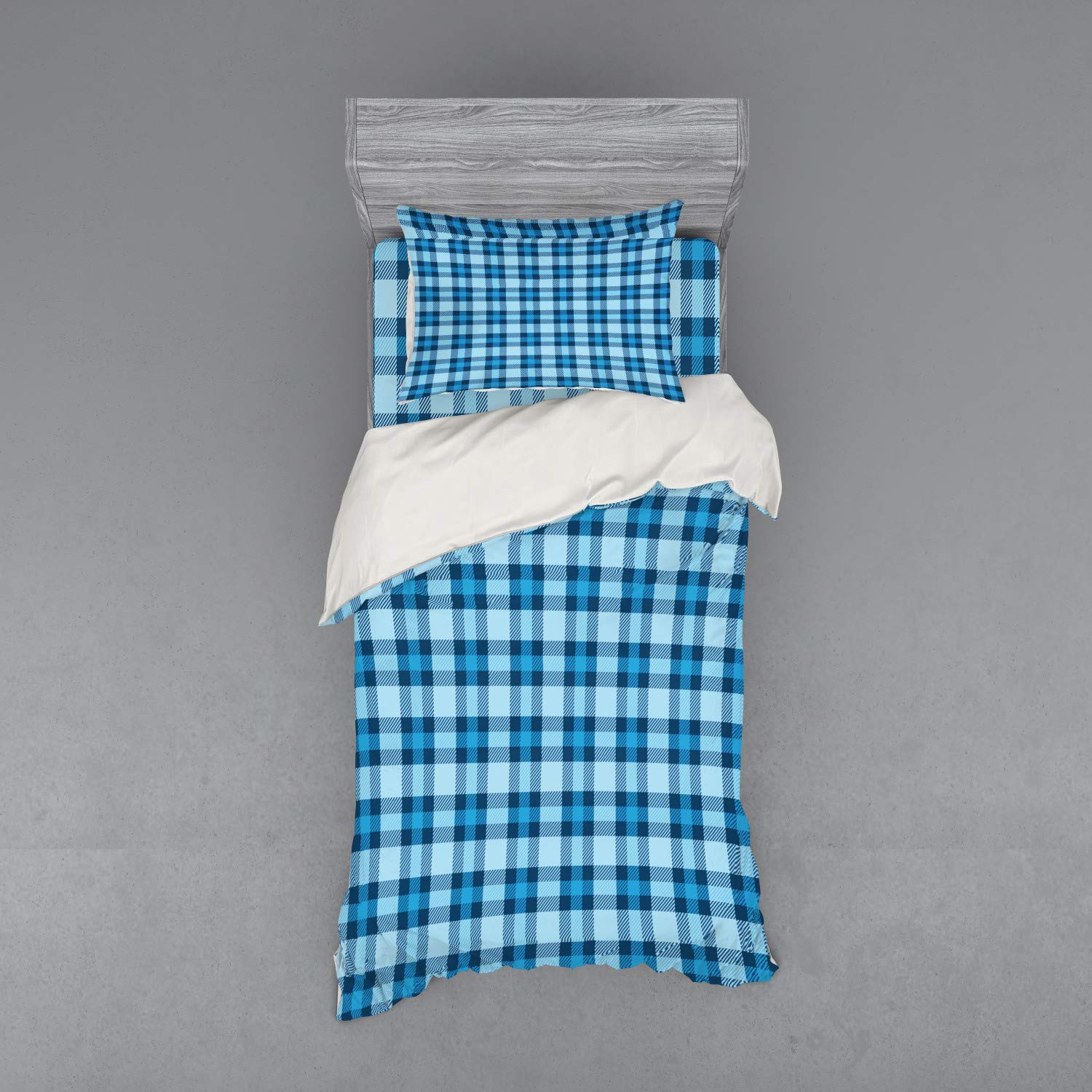Ambesonne Blue Checkered Bedding Set - 3 Piece Duvet Cover with Sham & Fitted Sheet, Twin XL Size, Intersecting Stripes & Squares Picnic Tile Pattern in Pale Blue - Perfect for Kids' Rooms, Guest Bedrooms & Dorm Decor
