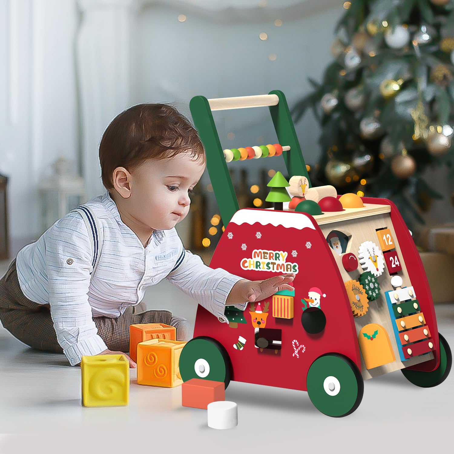 Wooden Baby Walker with Wheels - Montessori Push Walker Toy with Activity Center for Toddlers Learning to Walk (1-3 Years Old) - Perfect First Birthday Gift for Boys & Girls - Encourages Early Walking & Developmental Play in Nursery, Playroom or Daycare