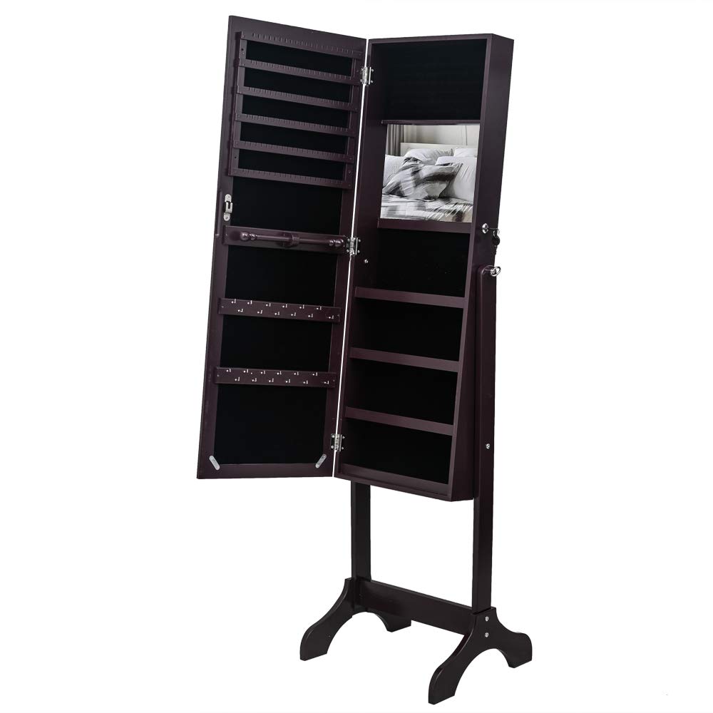 Lockable Jewelry Armoire Cabinet with Full-Length Mirror - Dark Brown Wooden Floor Standing Jewelry Storage Organizer for Bedroom, Closet & Dressing Room