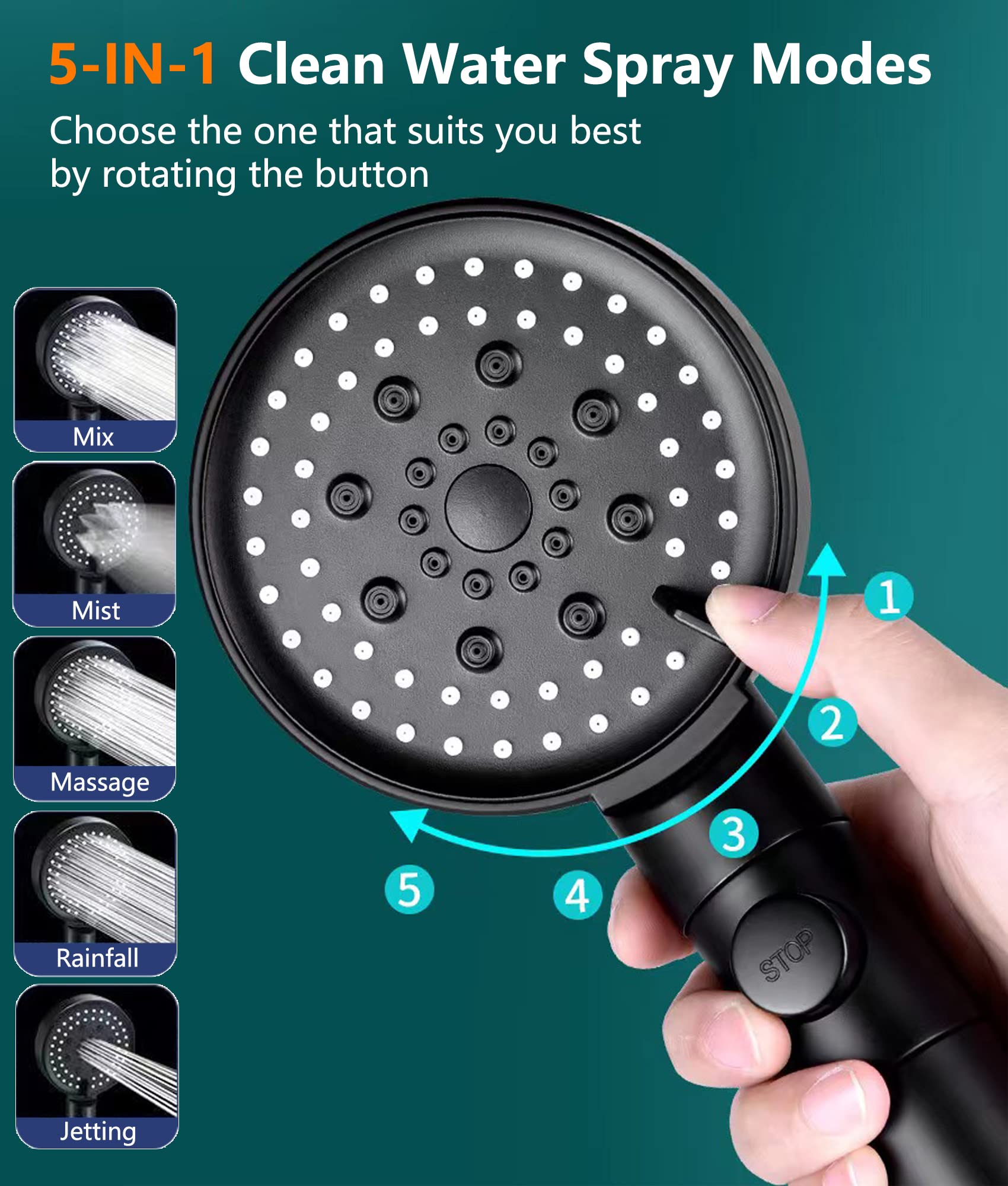 Filtered Shower Head with Minerals - 5 Spray Modes High Pressure Water Filter for Hard Water | Spa Shower Head with Softener | Reduces Dry Itchy Skin | Includes 4 PP-Cotton Replacement Filters | Perfect for Bathroom, Spa & Sensitive Skin Care