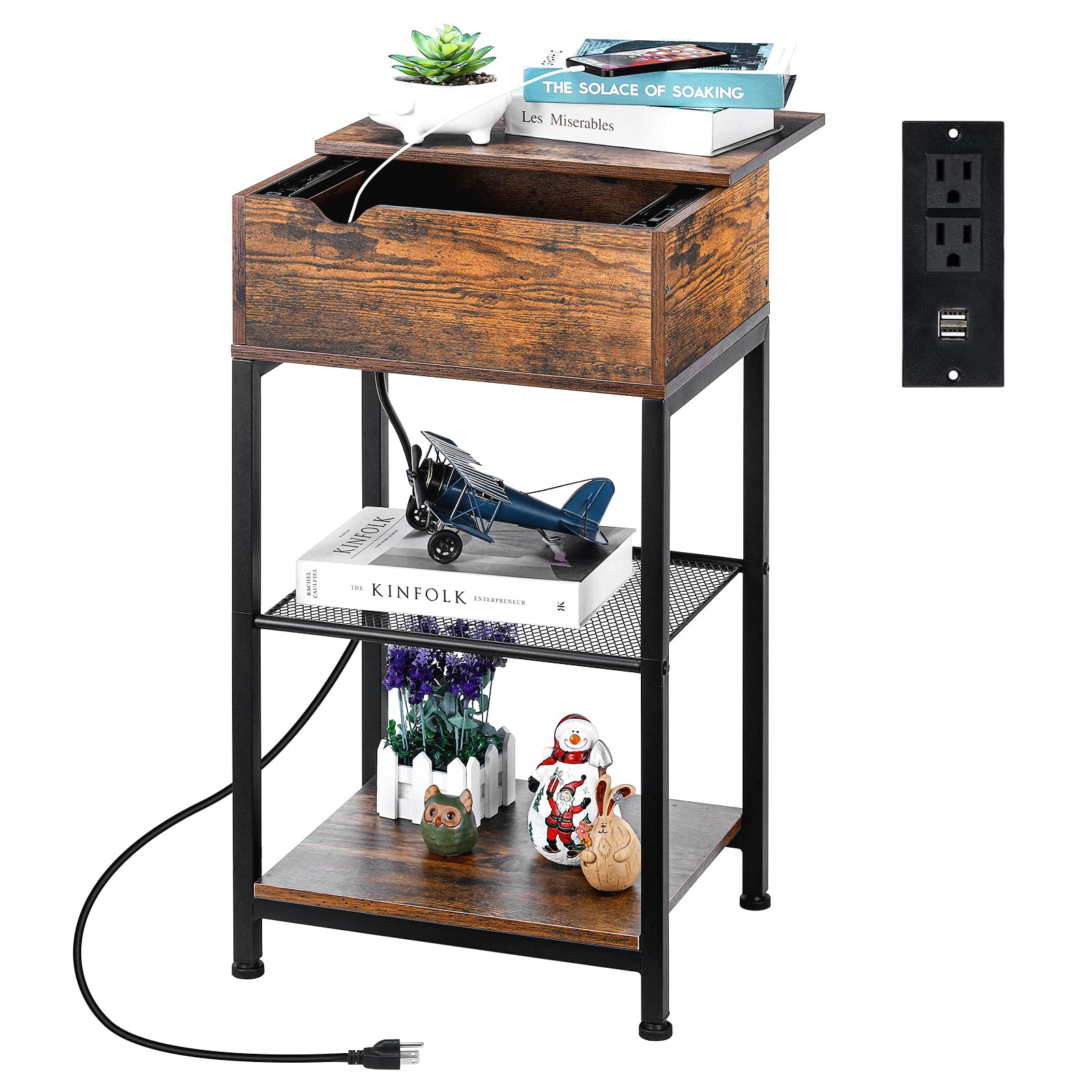 MOOACE Industrial Narrow Side Table with USB Charging Station, 2 Power Outlets & Storage Drawer - Rustic Brown Nightstand for Bedroom, Living Room | Perfect for Small Spaces, Phone Charging & Bedside Organization