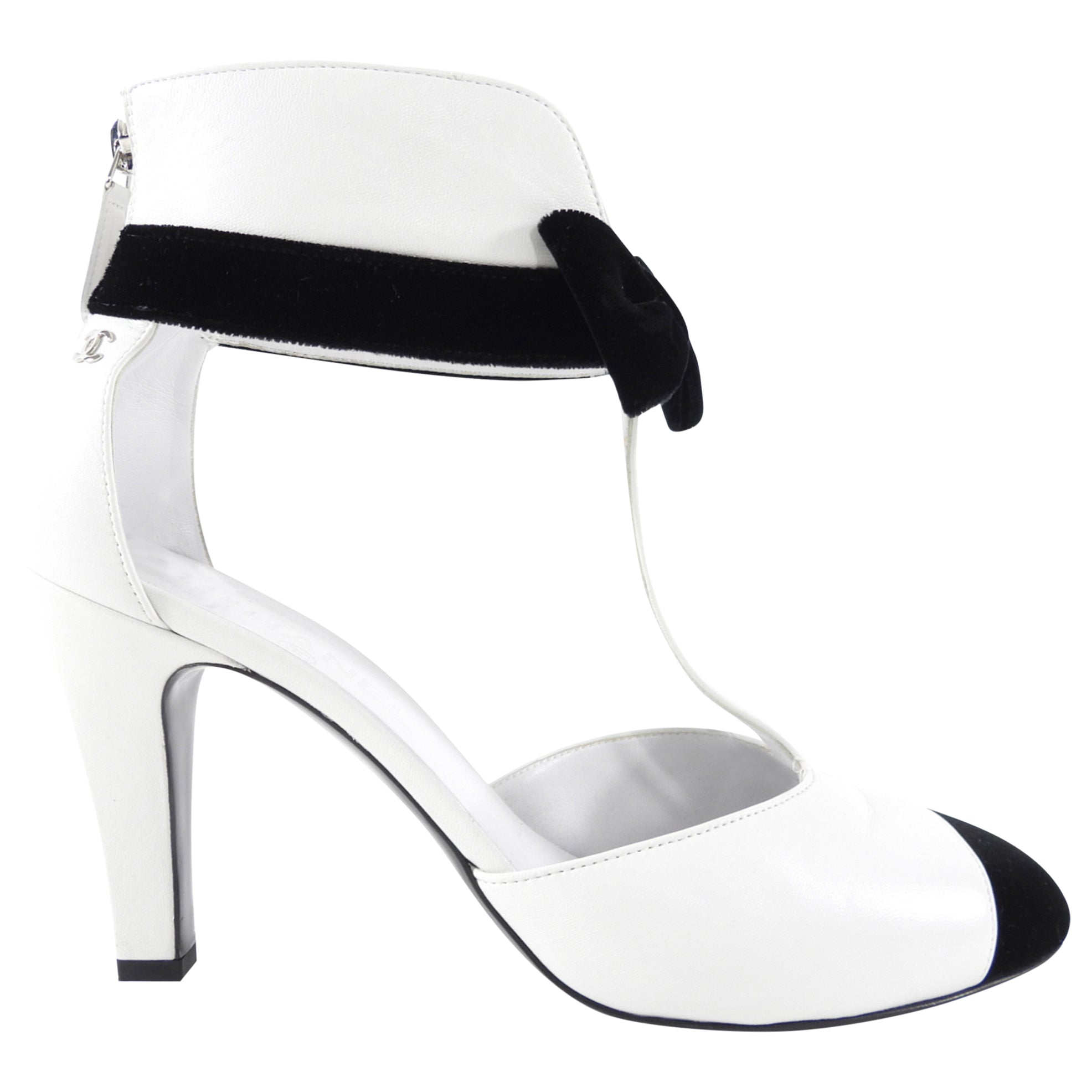 Chanel White Leather Black Velvet Cut-Out Cap Toe Ankle Boots Size 40C - Elegant Women's Fashion Boots for Parties, Weddings & Night Out