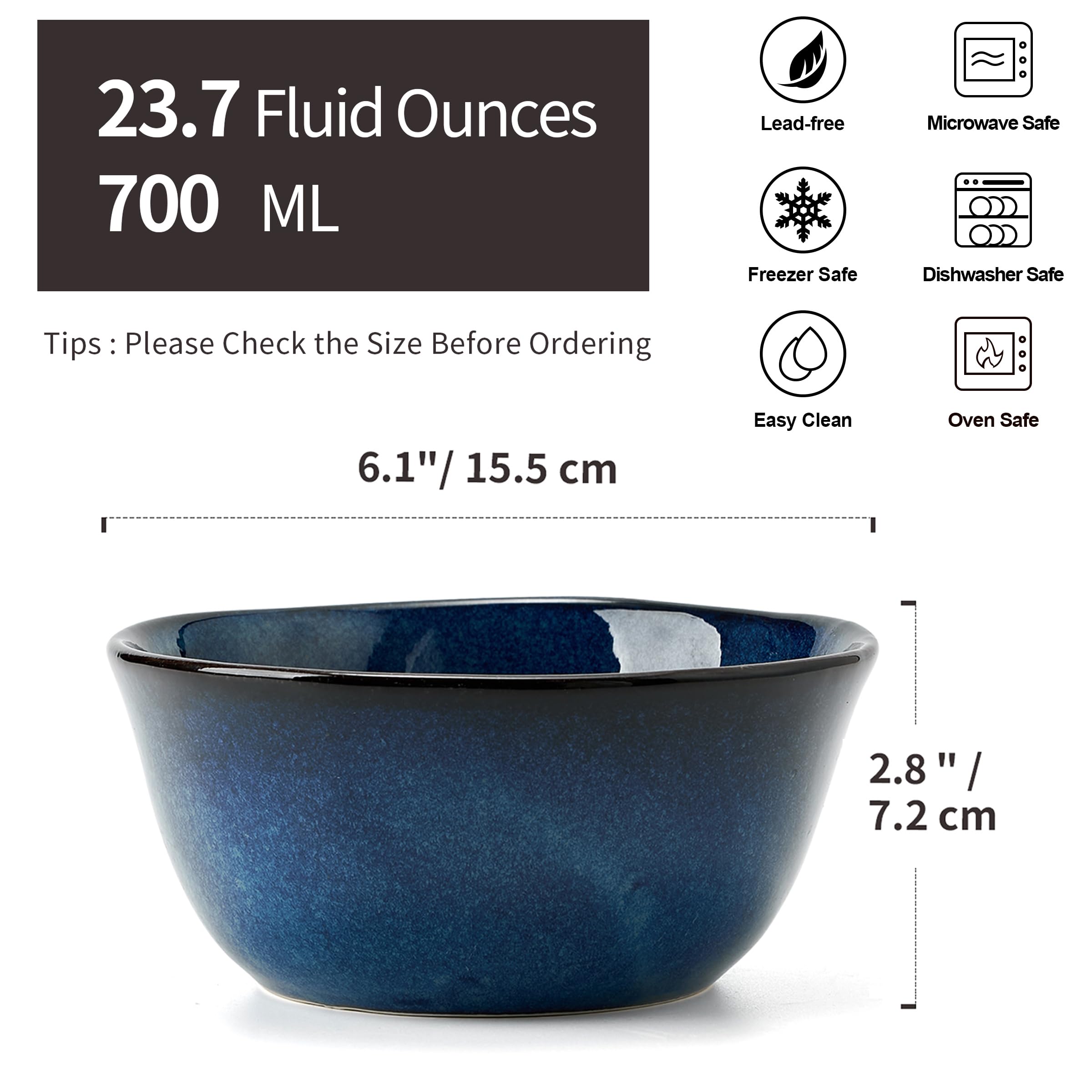 6 Inch Ceramic Soup Bowls Set of 4 - 23.7 Fl Oz Porcelain Cereal Bowls for Salad, Fruits, Dessert, Oatmeal & Ramen - Microwave, Dishwasher & Oven Safe - Wavy Design Blue Bowls - Perfect for Family Dinners, Parties & Everyday Use
