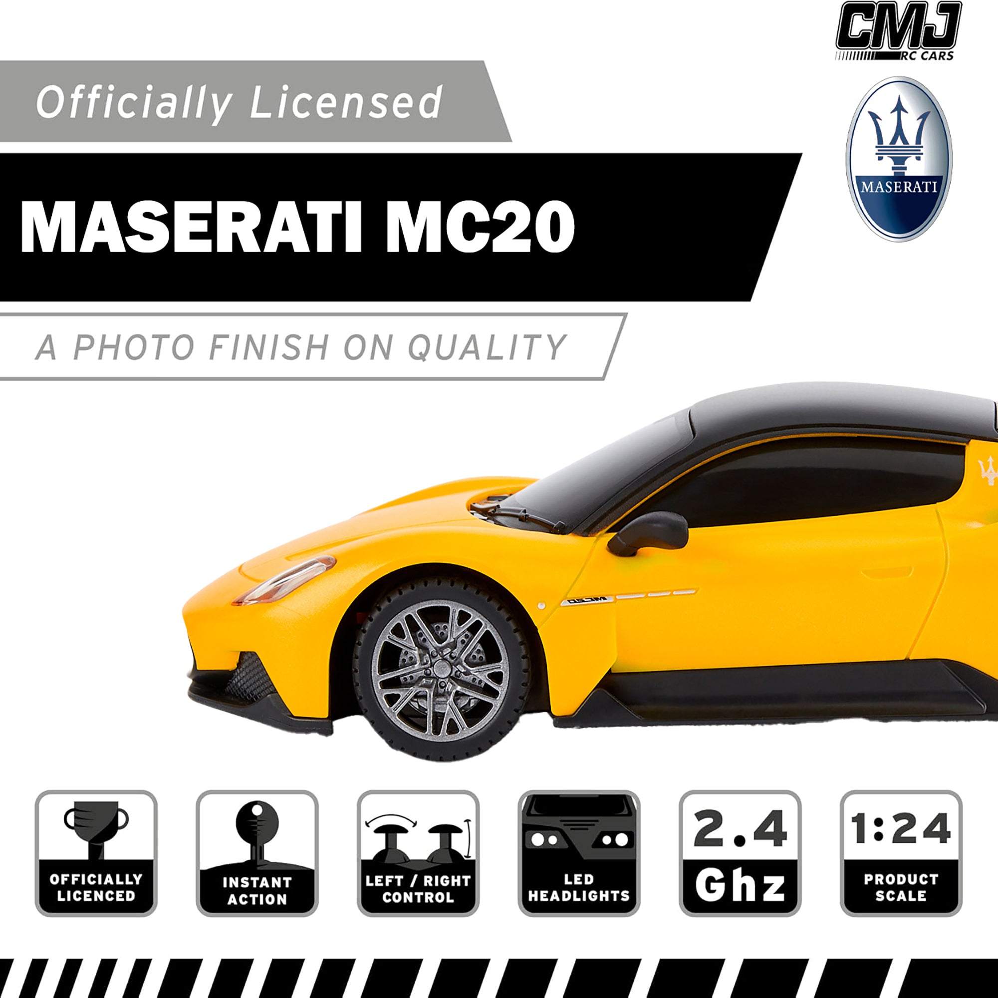 1:24 Scale Maserati MC20 Yellow RC Car - Remote Control Sports Car with LED Headlights for Kids & Adults - Perfect for Indoor Racing, Outdoor Play & Collectors Display