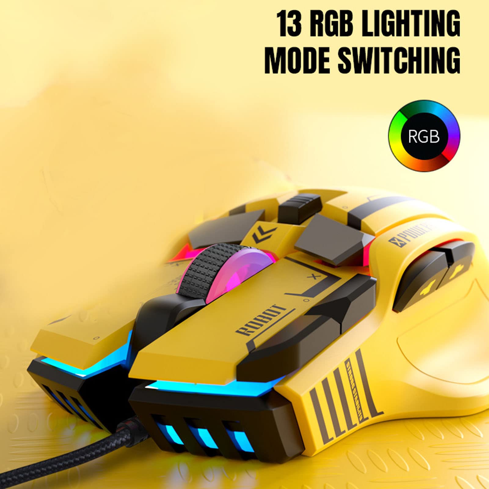 Fydun 10-Button Wired Gaming Mouse with Macro Programmable, 13 RGB Lighting Modes, 6-Speed DPI up to 12800 - Professional Gaming Accessories (Yellow) - Perfect for PC Gaming, Esports, and Office Work