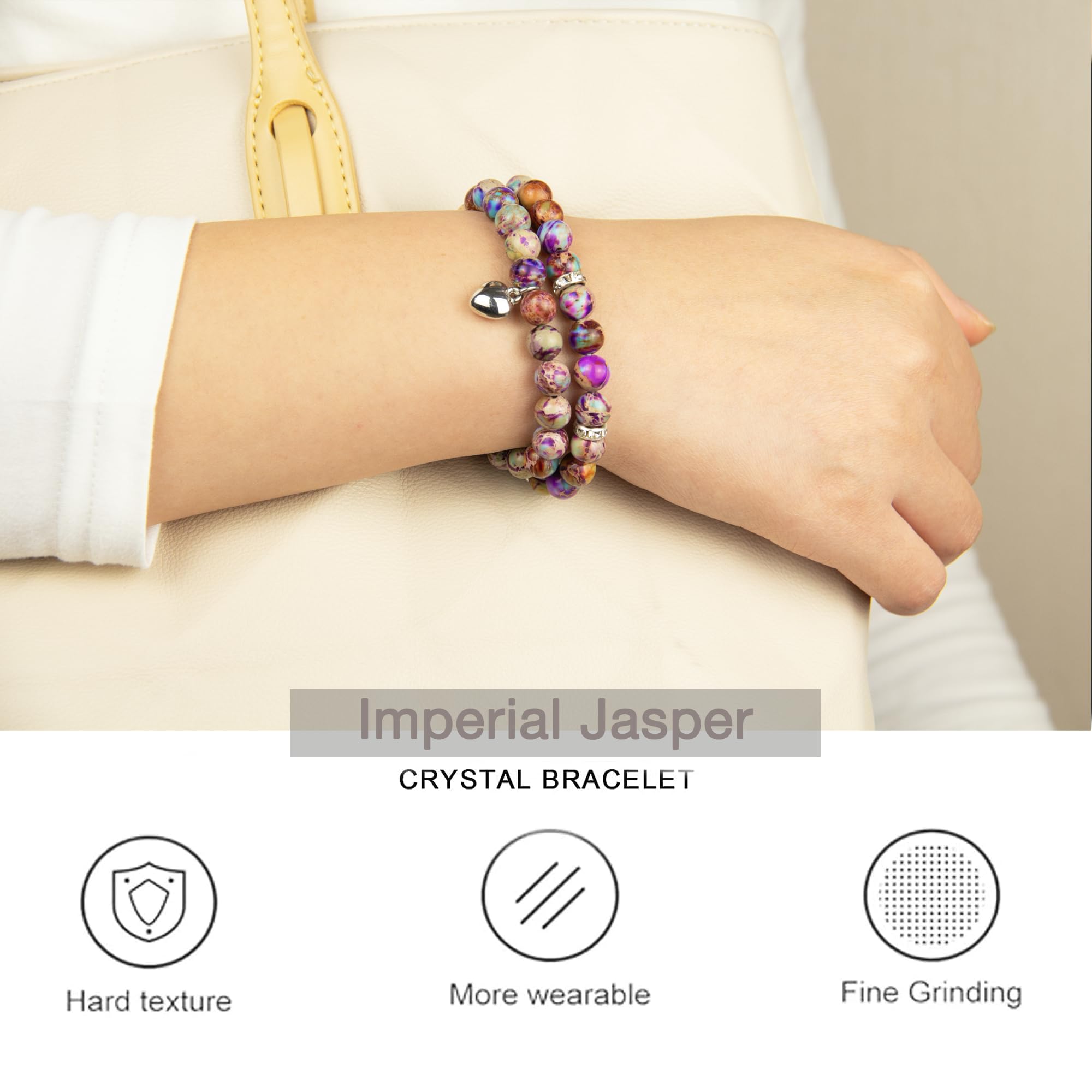 Healing Bracelets for Women - Imperial Jasper Crystal Bracelet with 8mm Natural Stone Beads, Stress Relief Yoga Prayer Jewelry, Get Well Soon Gift for Meditation, Wellness & Spiritual Healing