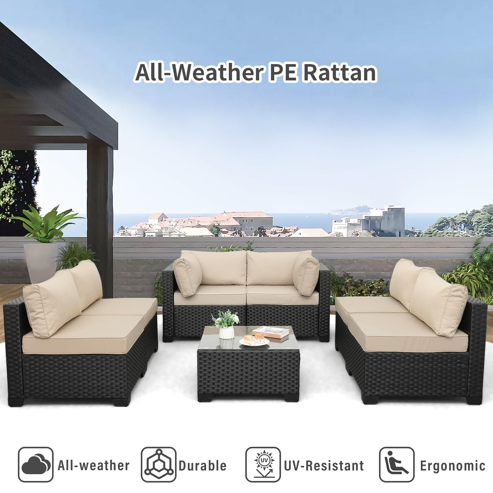 Valita 7-Piece Outdoor PE Wicker Patio Furniture Set - Black Rattan Sectional Sofa with Washable Khaki Cushions | Perfect for Backyard, Poolside & Garden Relaxation