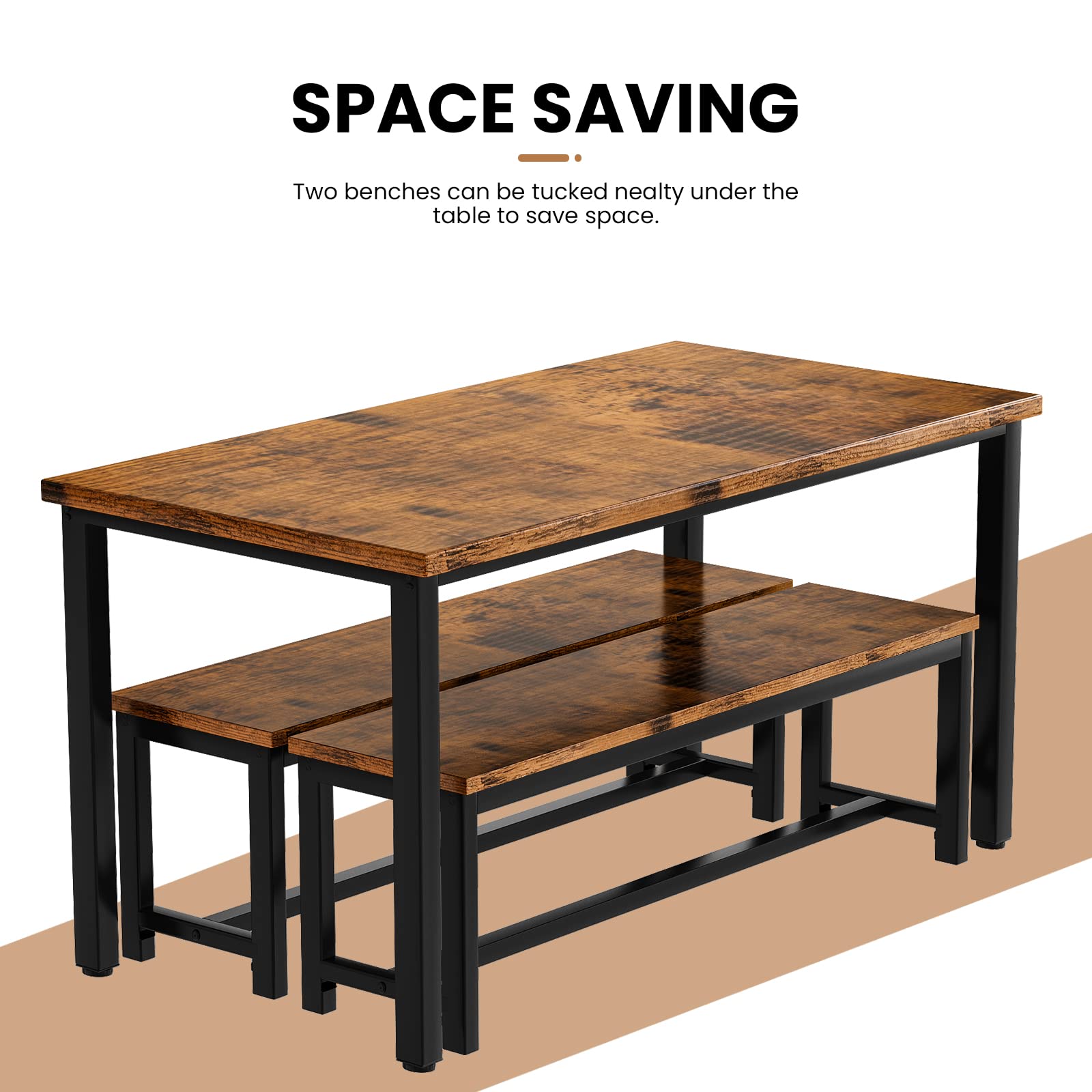 Rustic Brown AWQM Dining Table Set with 2 Benches - 47.2x28.7x28.7 Inch Kitchen Table & 40.5x11x17.7 Inch Benches - Perfect for Small Space Dining Rooms, Breakfast Nooks & Farmhouse Kitchens