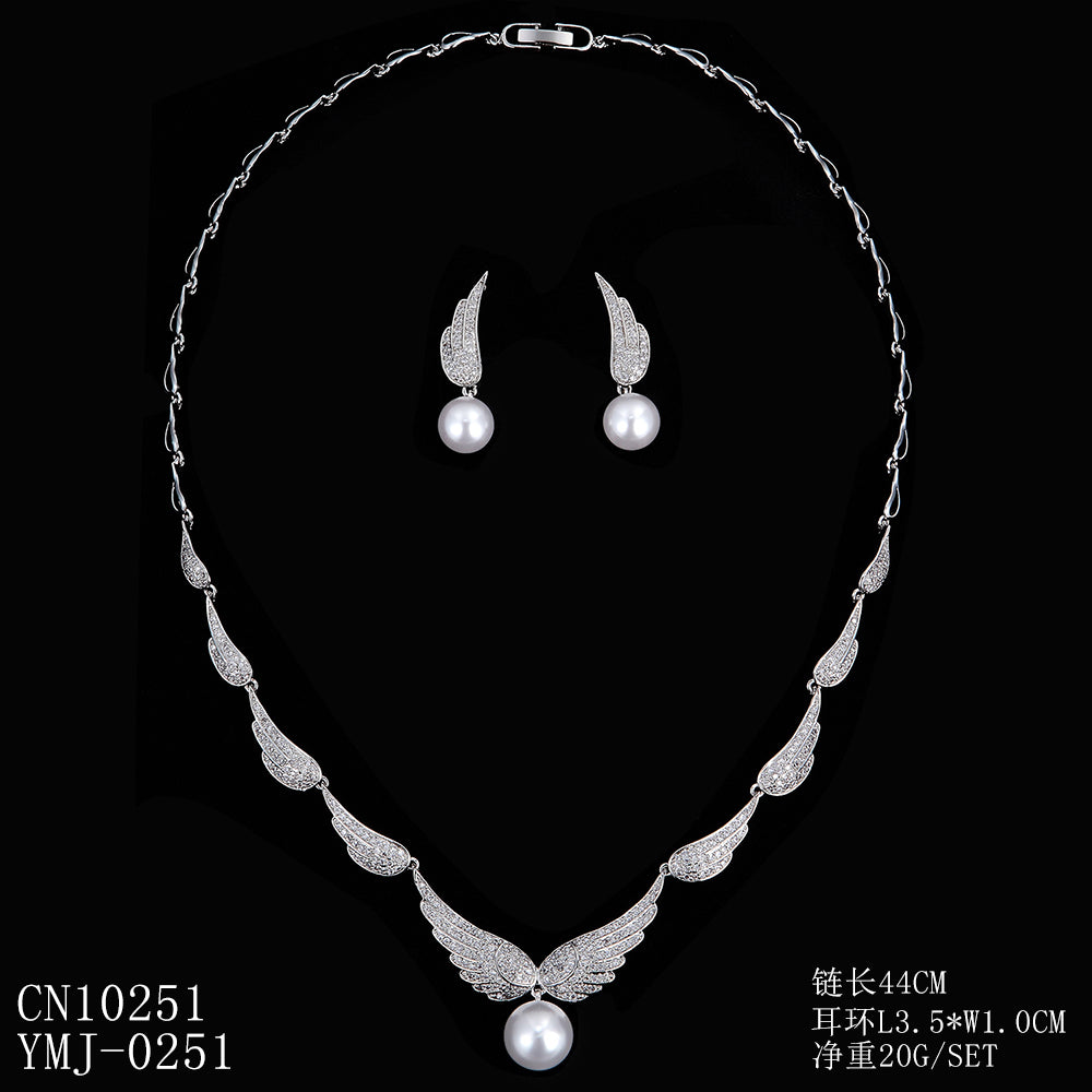 Elegant Cubic Zirconia Wing Pearl Bridal Jewelry Set - Necklace & Earrings for Wedding, Bride, Anniversary - Perfect for Bridal Shower, Engagement Party & Formal Occasions