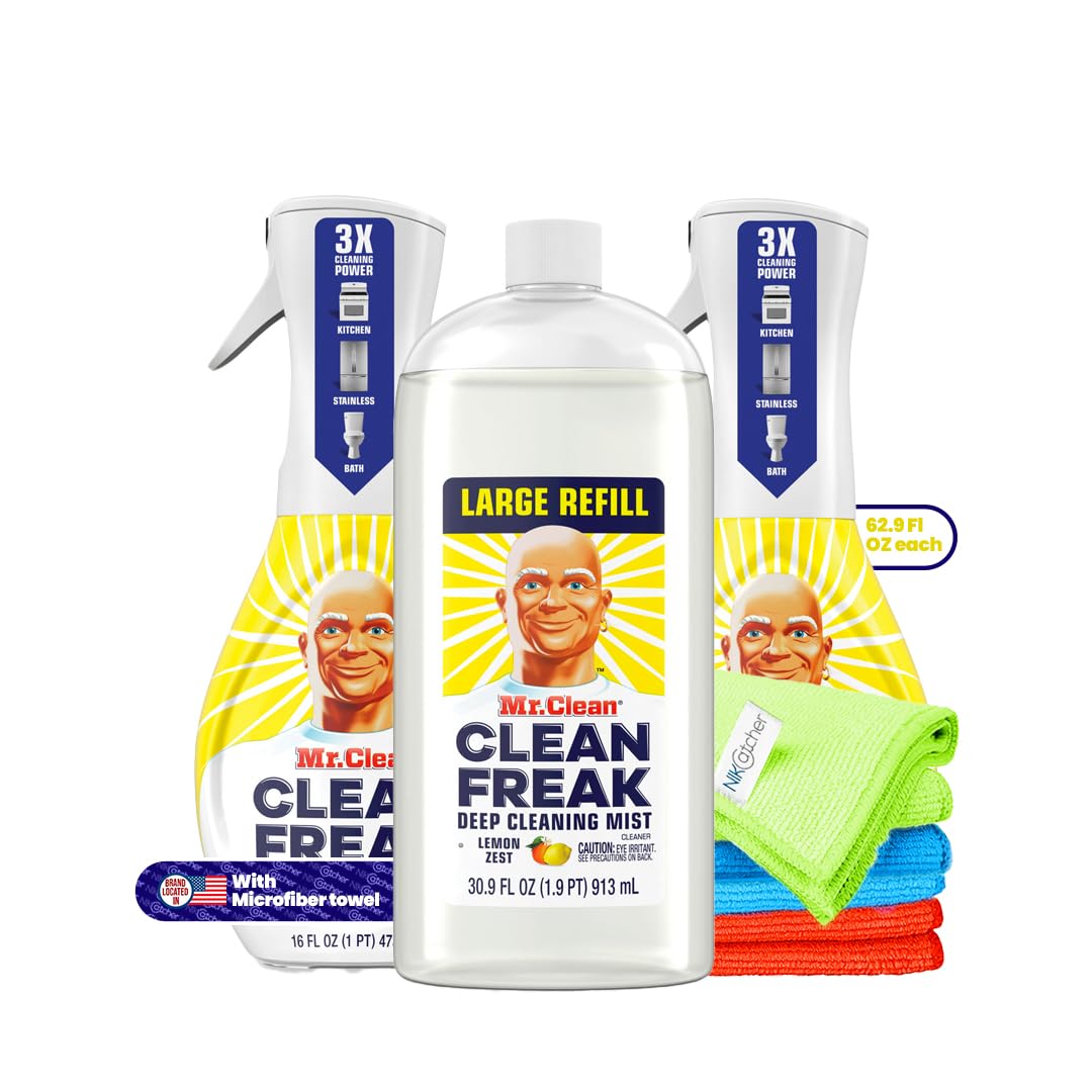 Mr. Clean Clean Freak Multi-Surface Spray & Refill Lemon Zest (62.9 fl oz) with 3-Pack Microfiber Cloths - All-Purpose Cleaning Kit for Kitchen, Bathroom, Floors & Home Surfaces - Household Cleaning Essentials